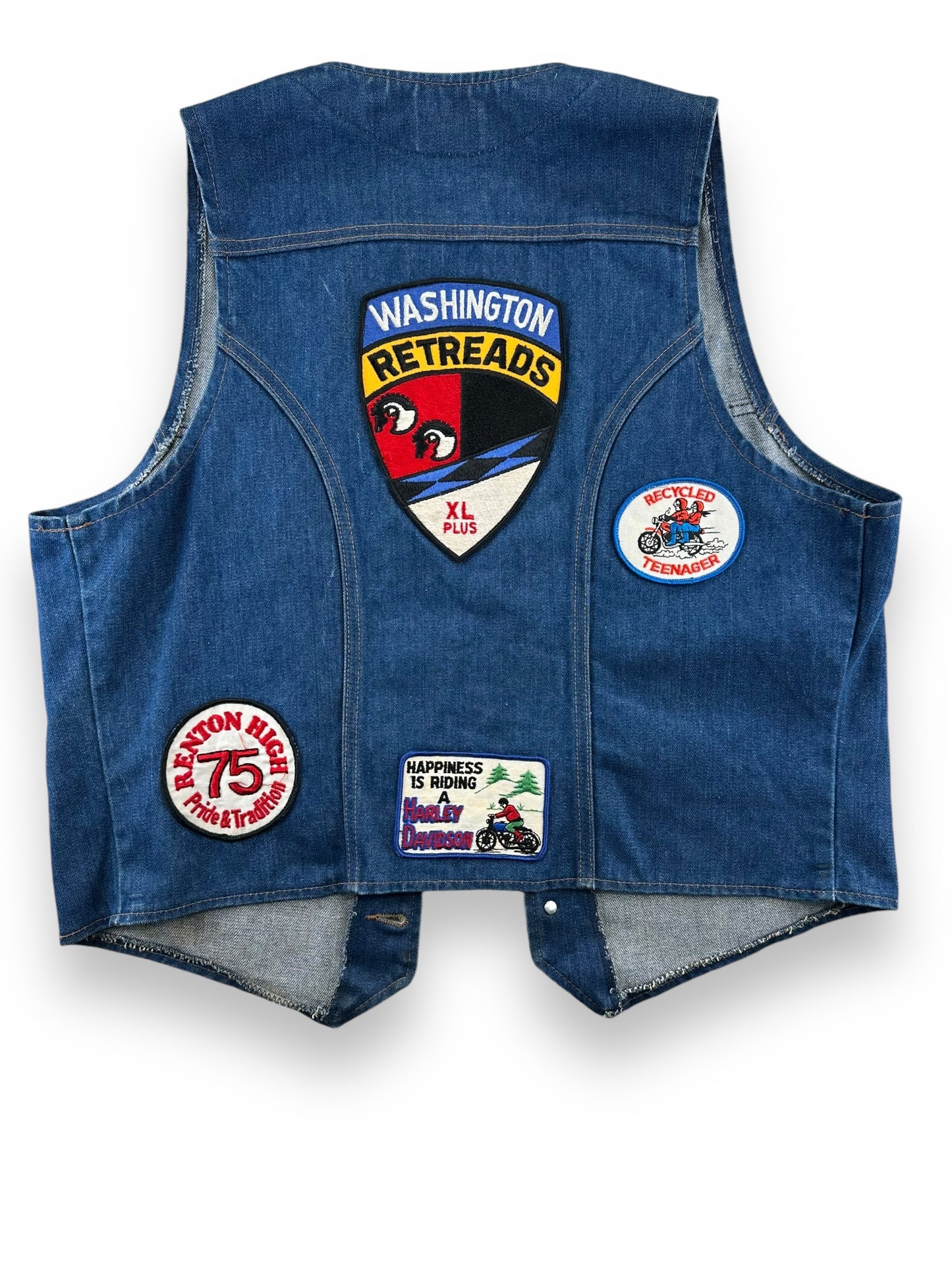 Rear View of Vintage Wrangler Washington Retreads Biker Vest SZ XL