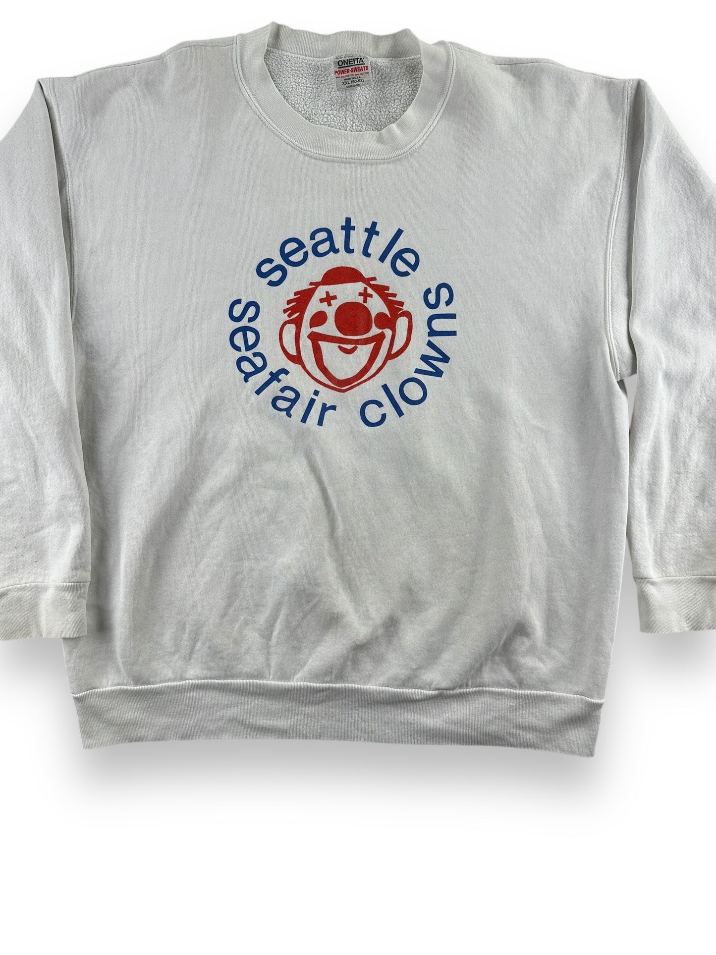 Front Detail on Vintage Oneita Power Sweats Seafair Clowns Crewneck SZ XXL