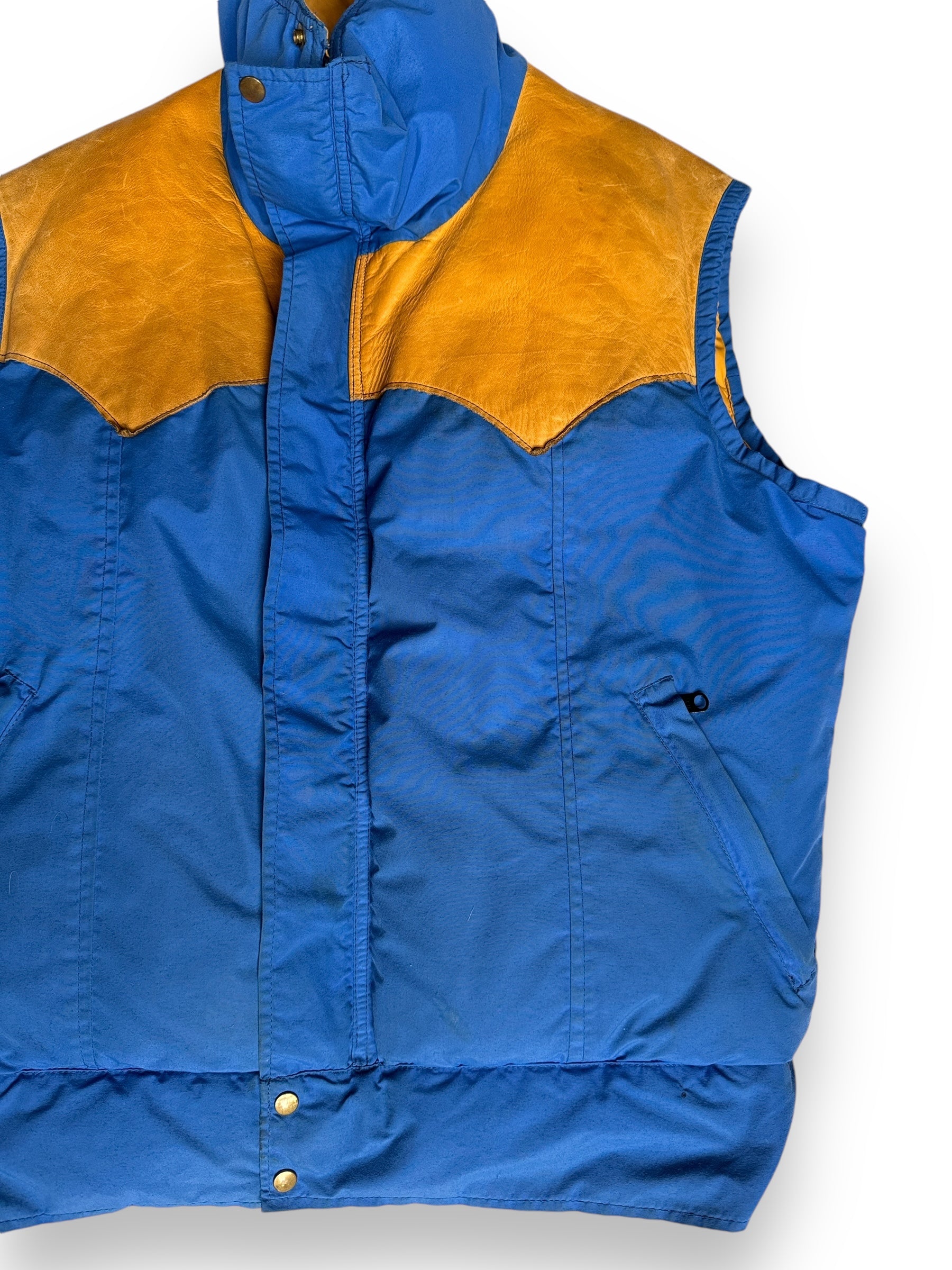 Left Detail on Vintage Blue & Yellow Rocky Mountain Featherbed Down Vest SZ SZ L