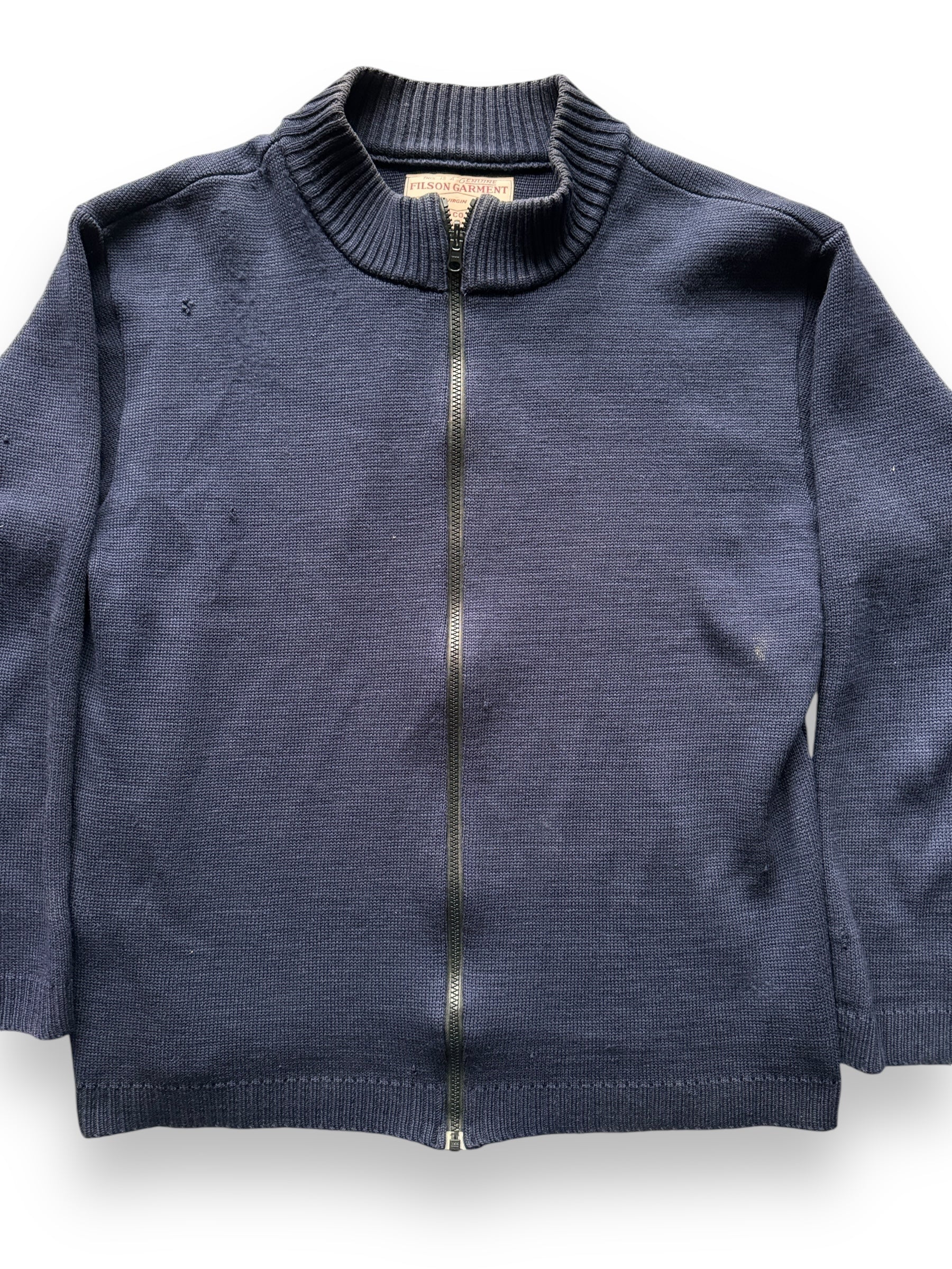 Front Detail on Navy Filson Zip Up Wool Guide Sweater SZ XL