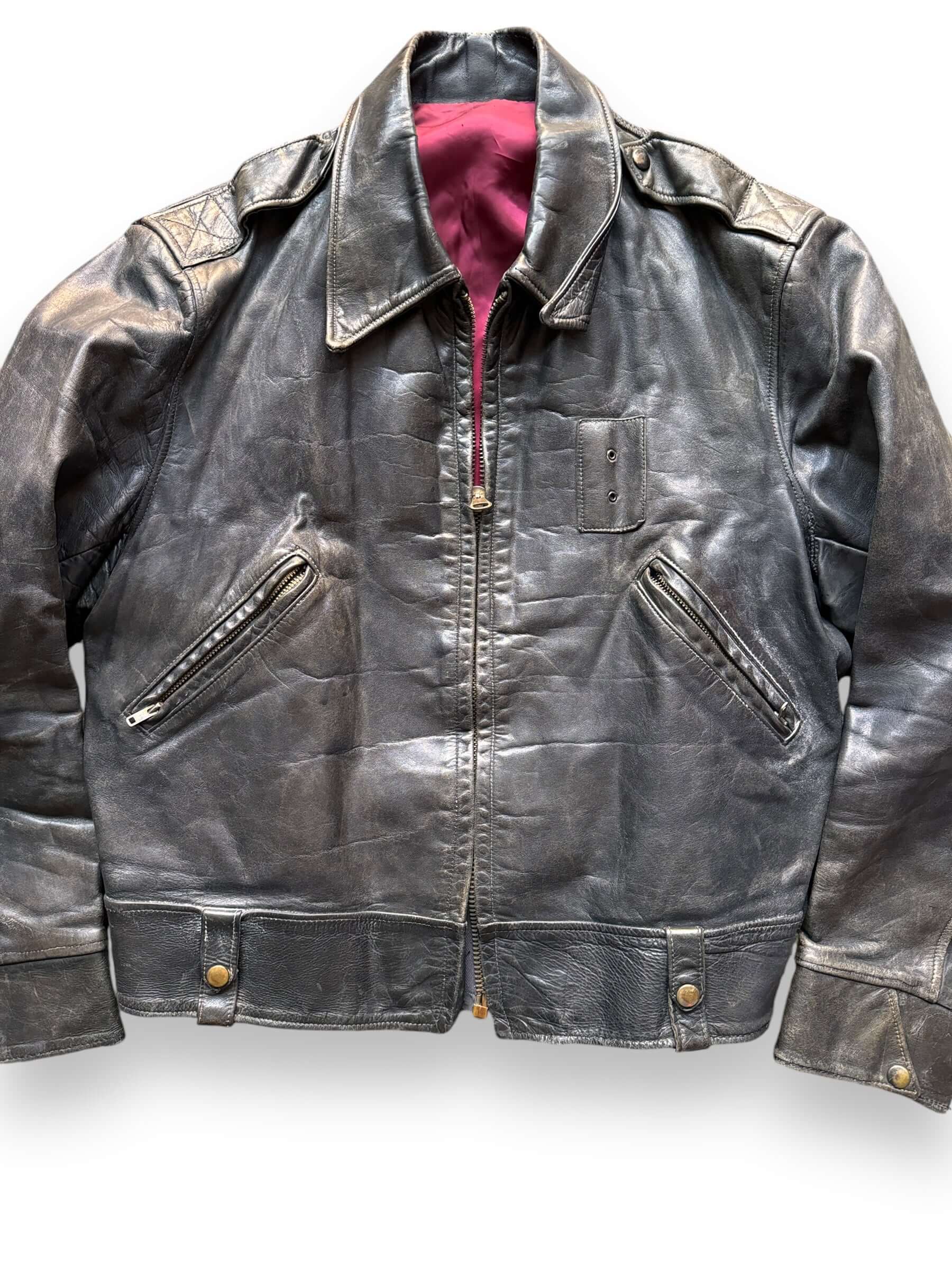 Front Detail View of Vintage Leather Police Jacket SZ 46