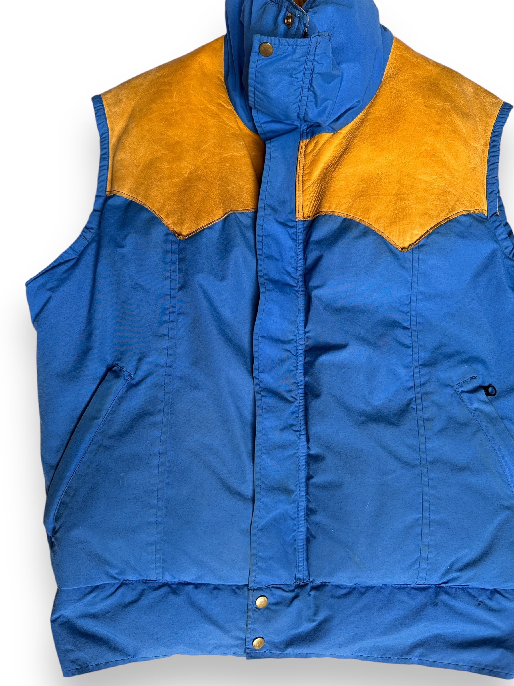 Right Detail on Vintage Blue & Yellow Rocky Mountain Featherbed Down Vest SZ SZ L