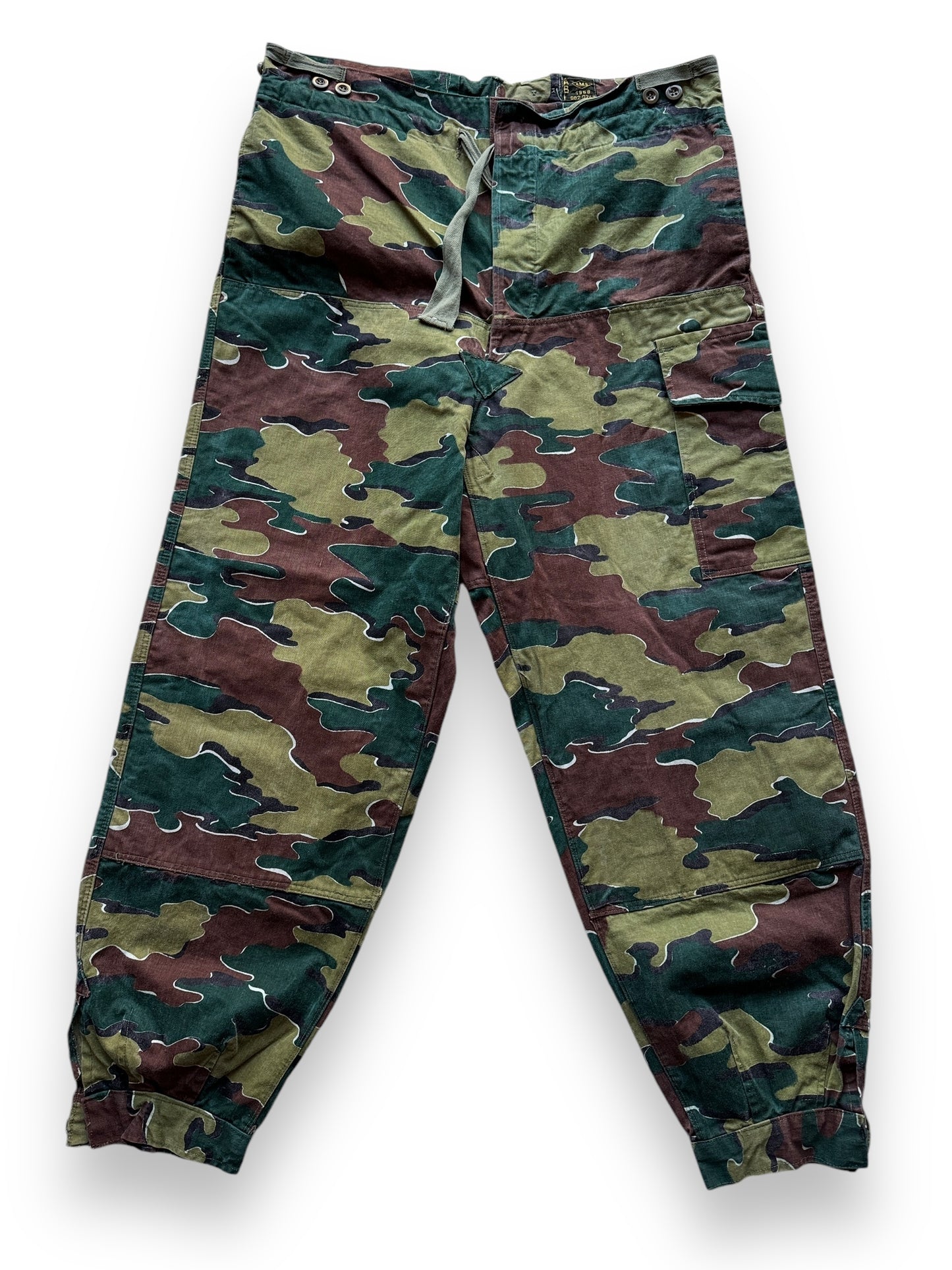 Front Flat View of Vintage Belgian Jigsaw Camo Trousers SZ L