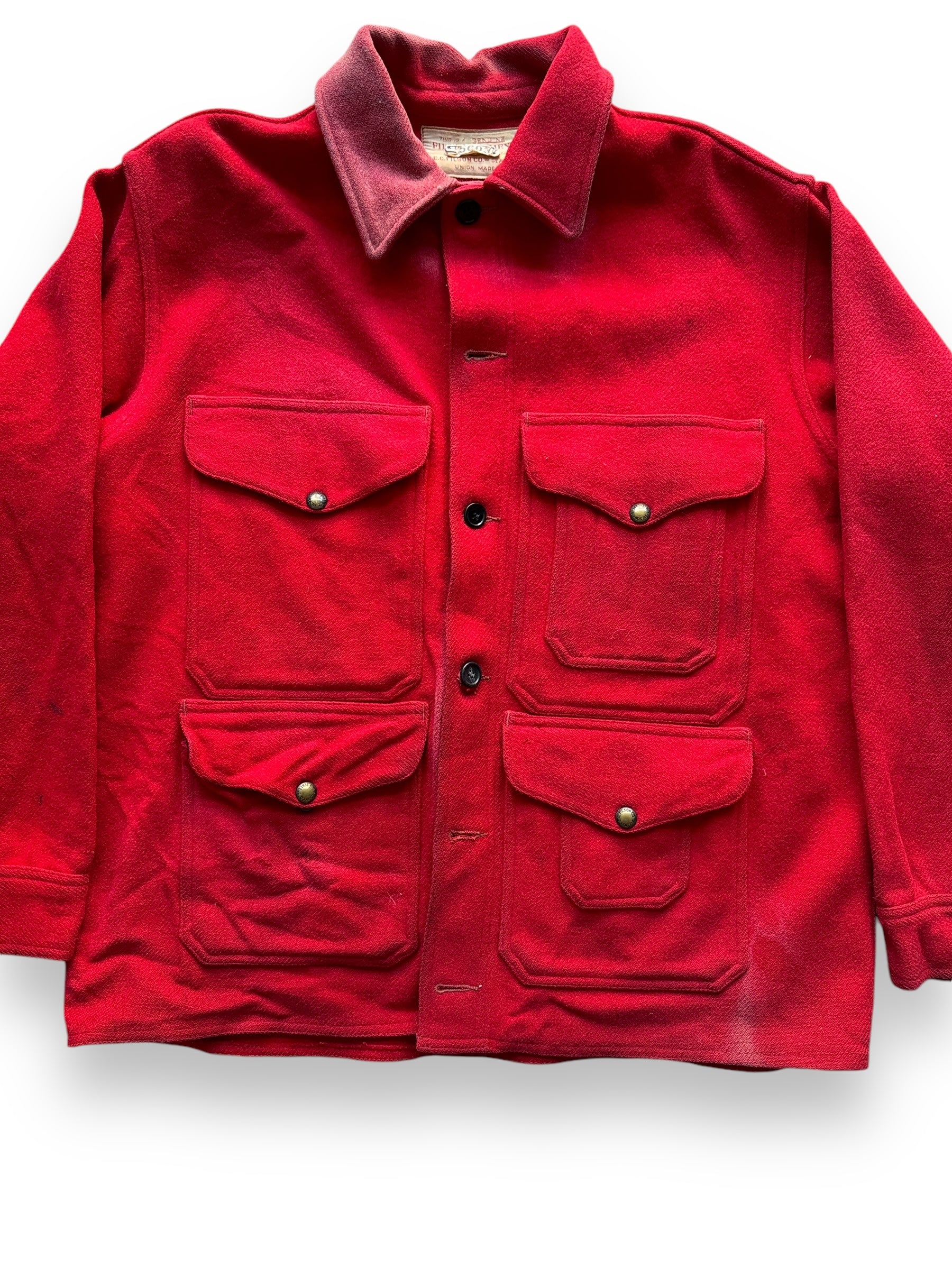 Front Detail of Vintage Sun Faded Union Made Filson Scarlet Cruiser SZ L