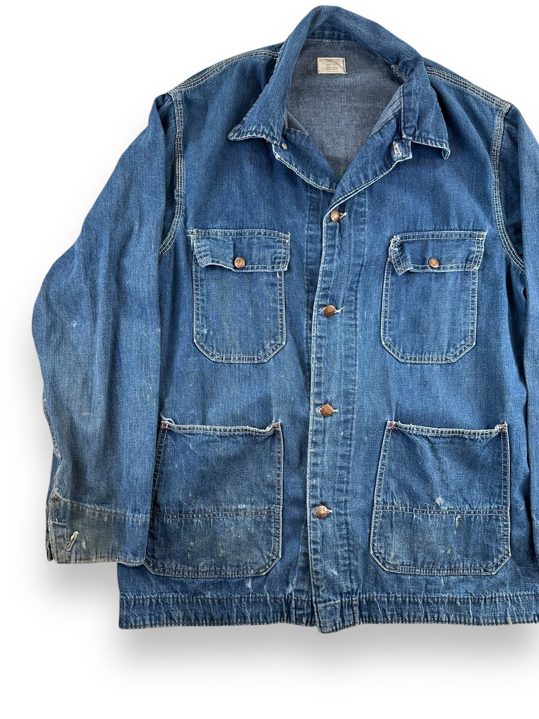 Front Right View of Vintage Big Mac Unlined Denim Chore Coat SZ XL