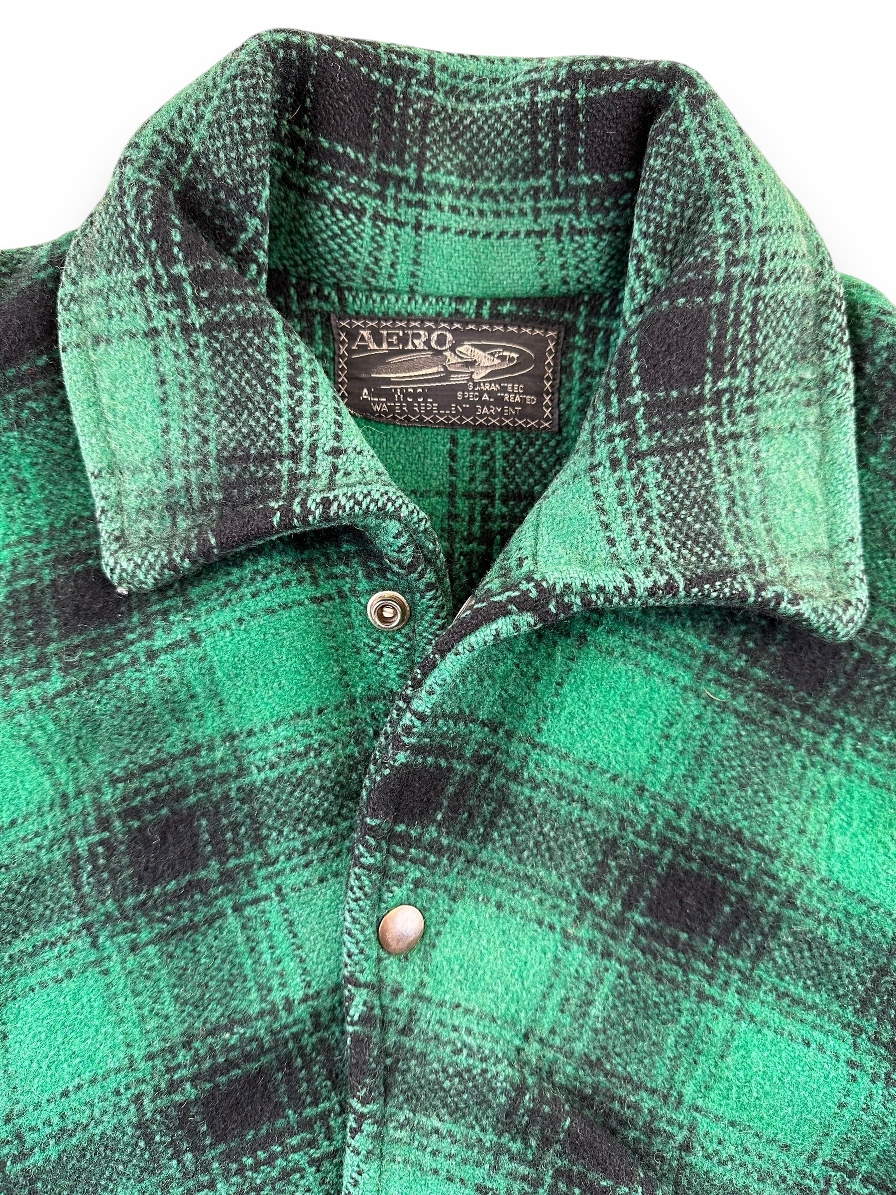 Collar & Tag View on Vintage Aero Green & Black Double Mackinaw Jacket SZ XL