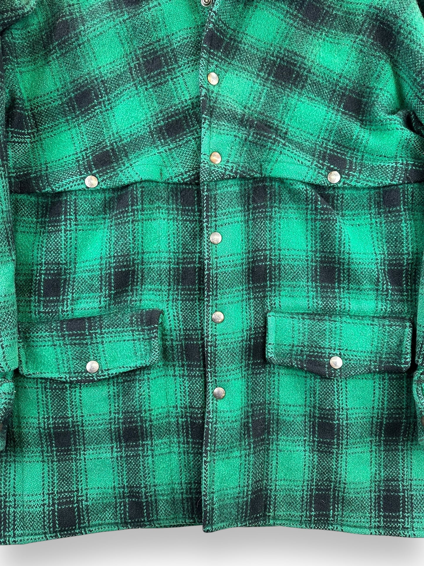 Front Chest Detail on Vintage Aero Green & Black Double Mackinaw Jacket SZ XL