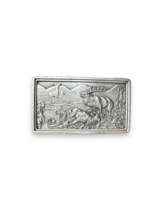 Front View of Vintage 1977 Bergamot Brass Works Mourning Elk Belt Buckle