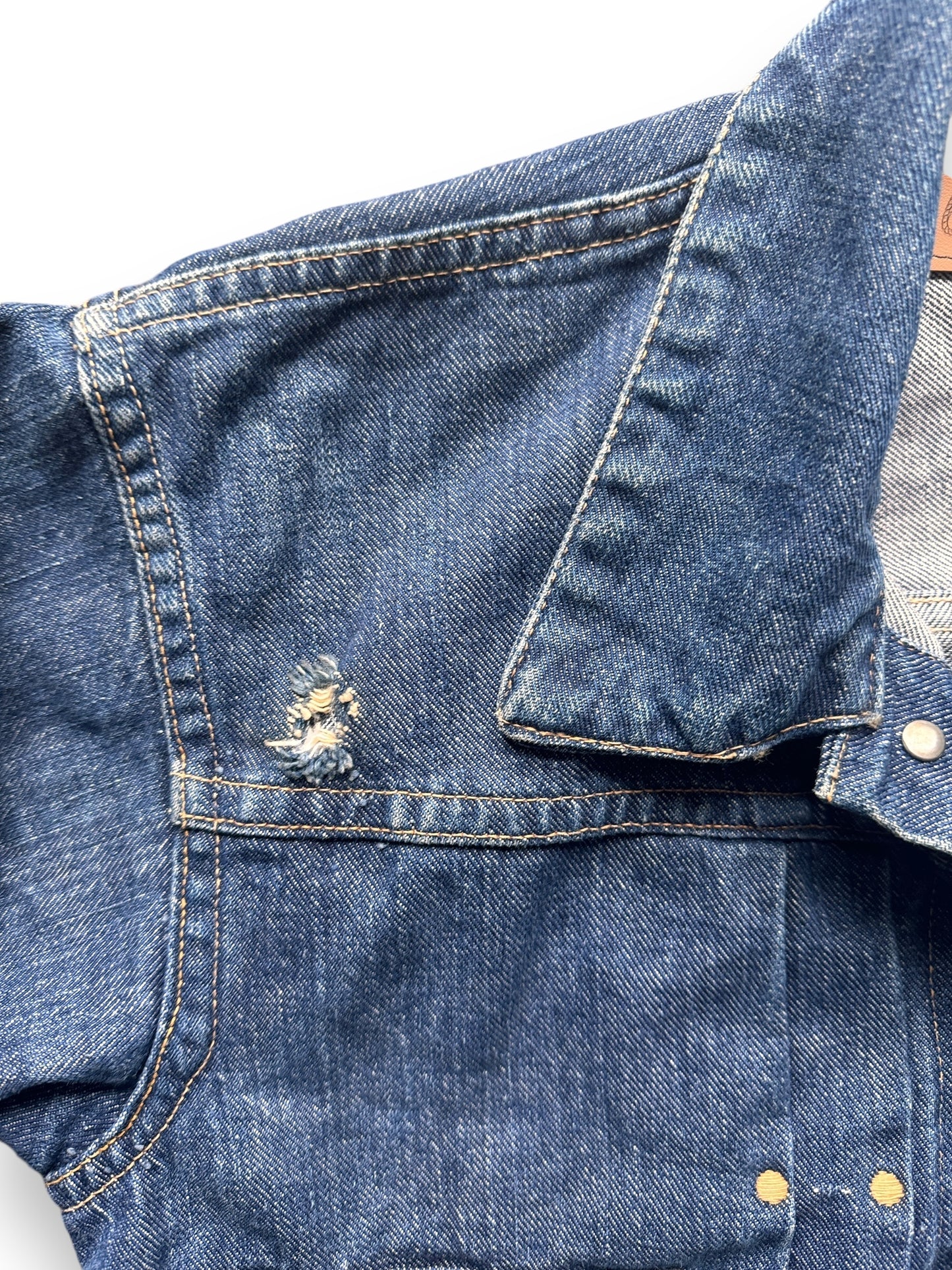 Small Hole on Front Right Chest of Vintage 1947 Wrangler Blue Bell 11MJ Selvedge Denim