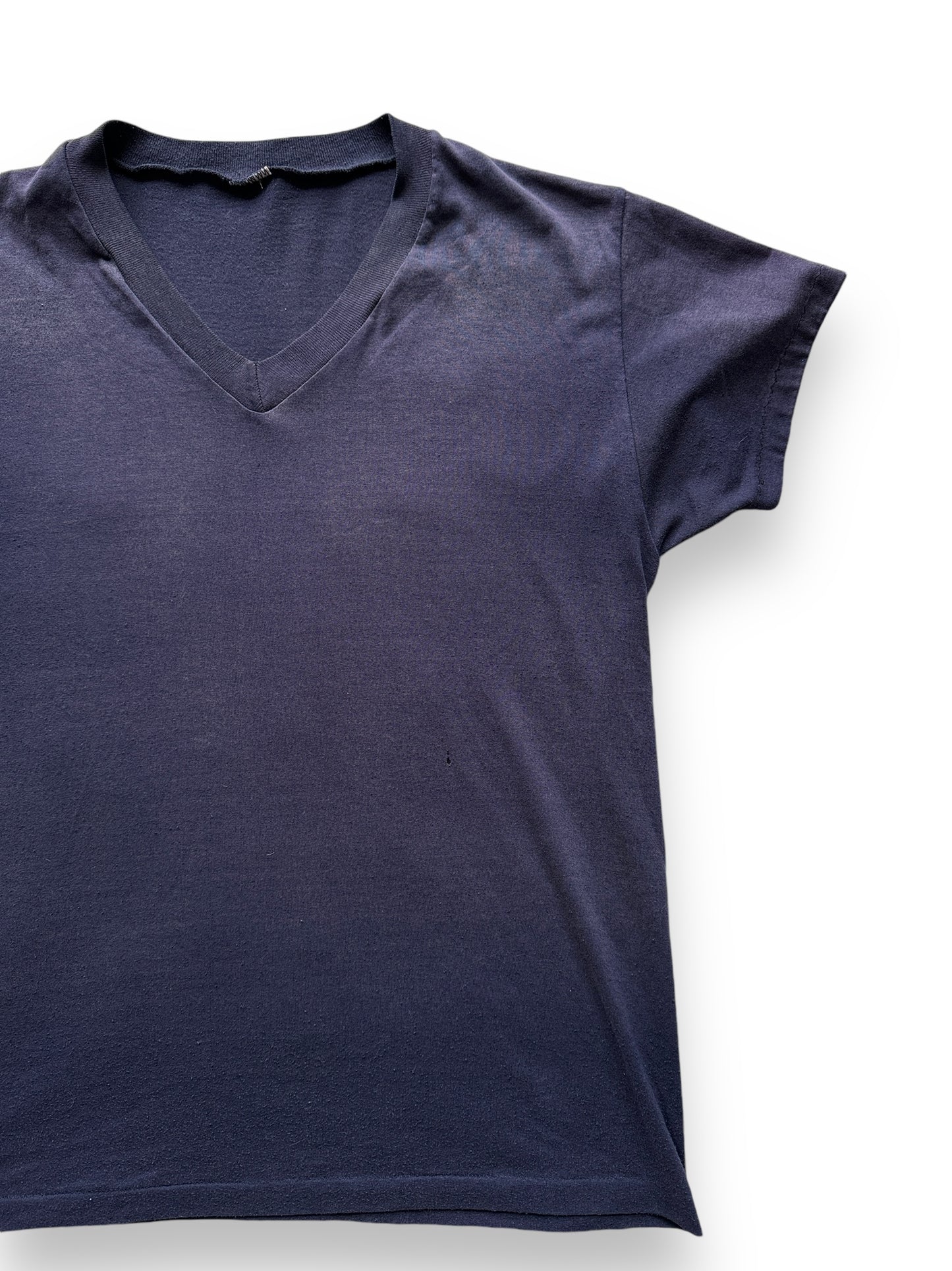 Front Left View of Vintage Faded Blue V Neck Tee SZ L