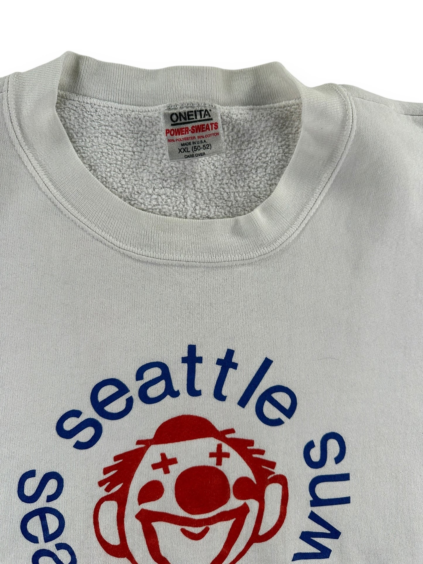 Tag View of Vintage Oneita Power Sweats Seafair Clowns Crewneck SZ XXL