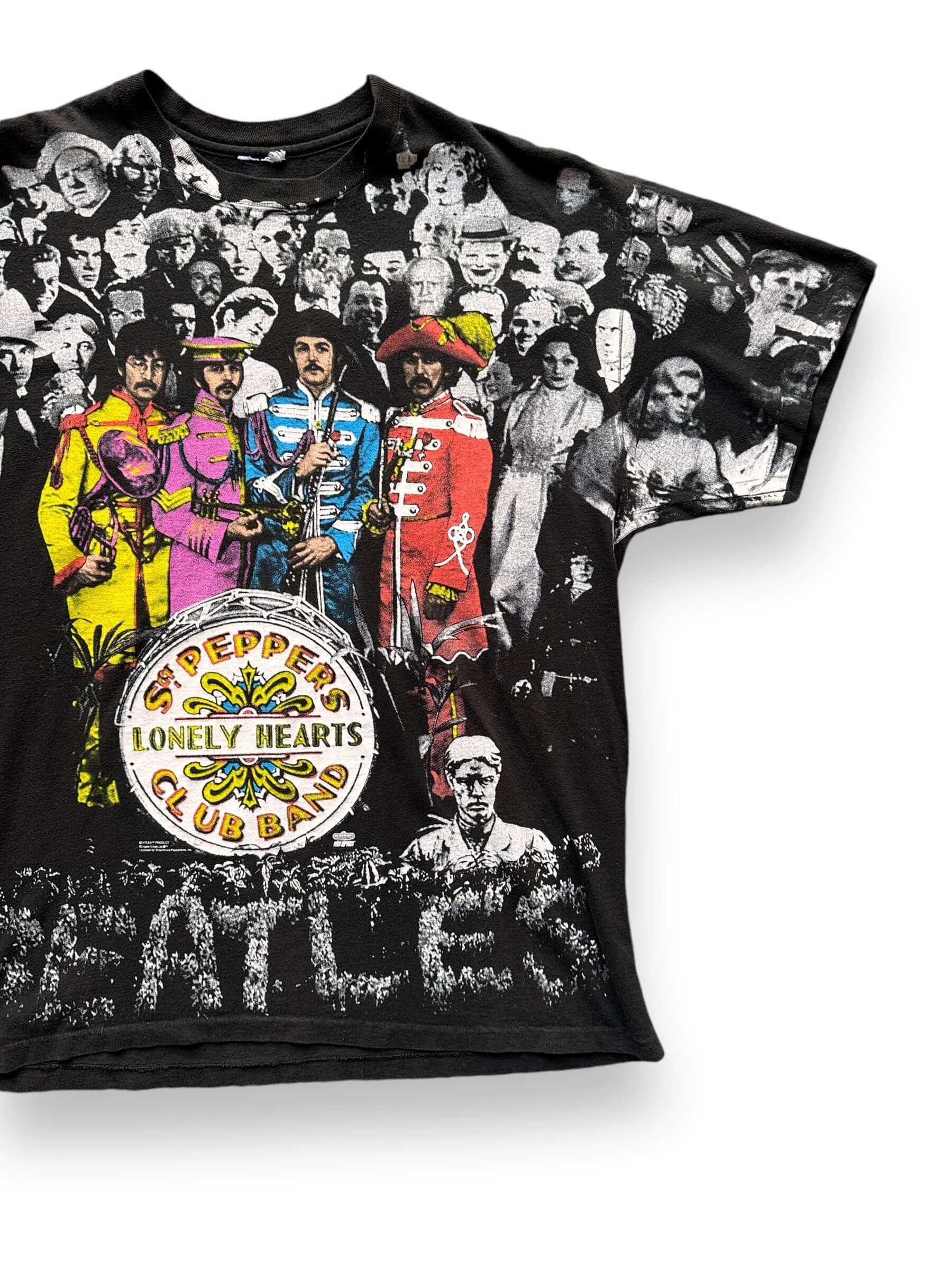 Front Left View of Vintage Beatles Sgt Peppers Single Stitch All Over Print Tee SZ XL