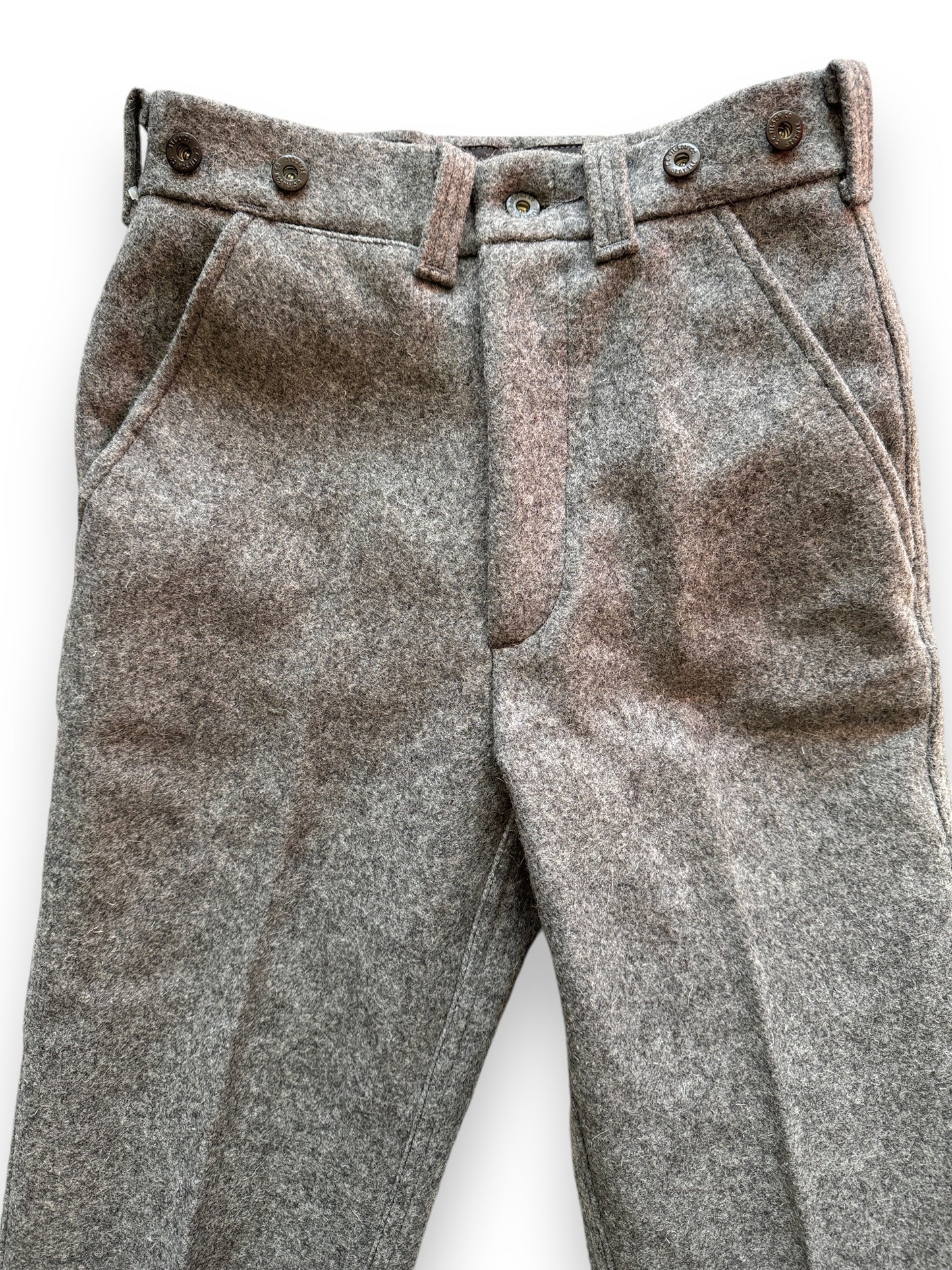 Upper Front View of Vintage Filson Heather Grey Wool Trousers W28