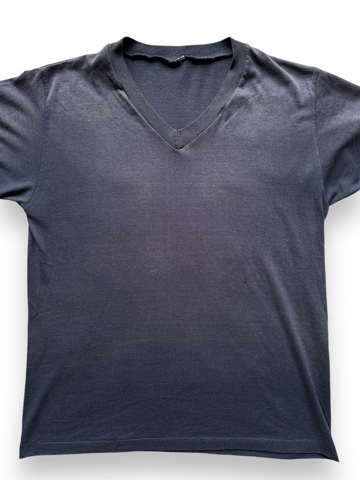 Front Detail on Vintage Faded Blue V Neck Tee SZ L