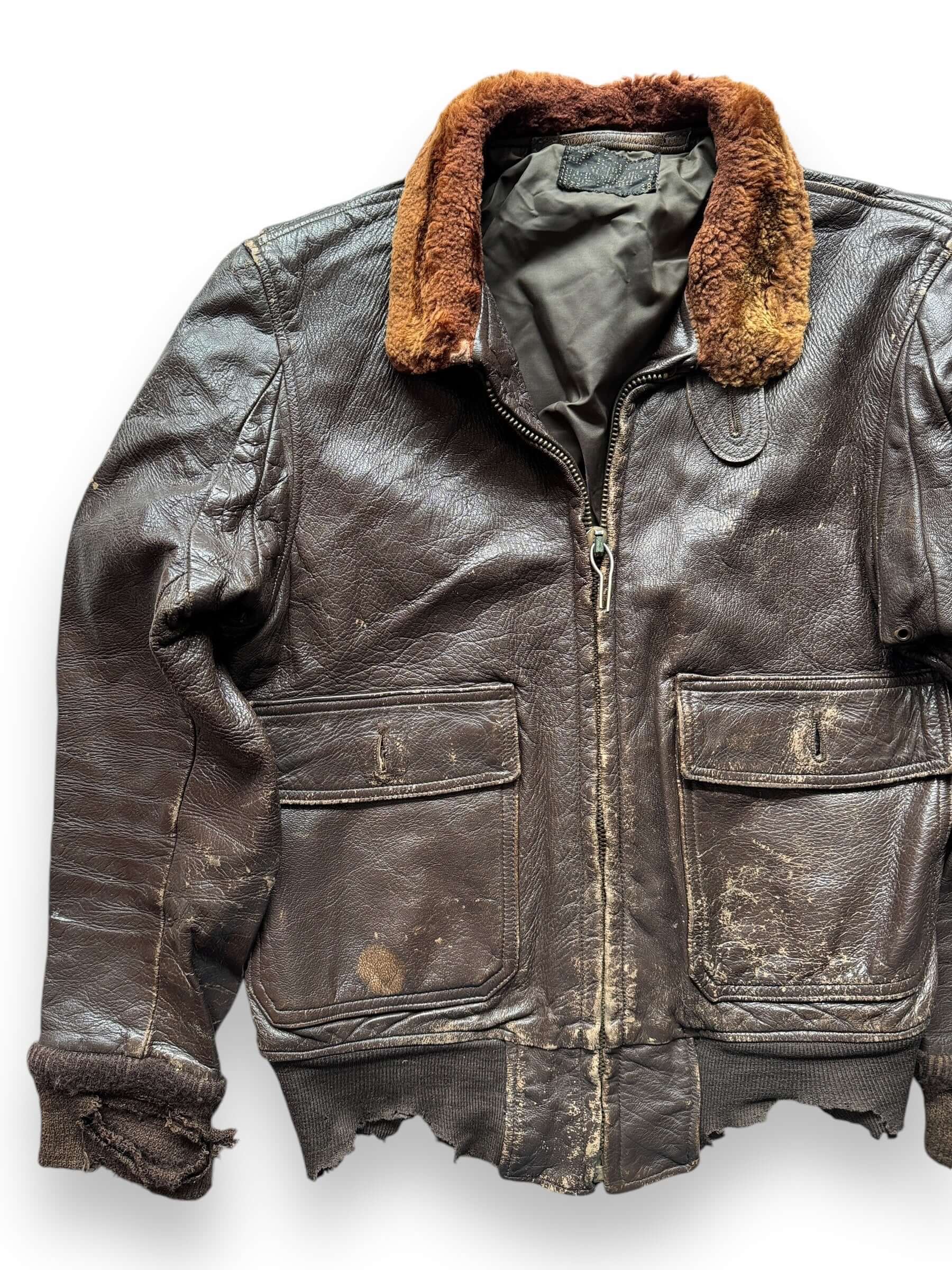 Front Right View of Vintage Thrashed Goatskin G-1 Flight Jacket SZ L