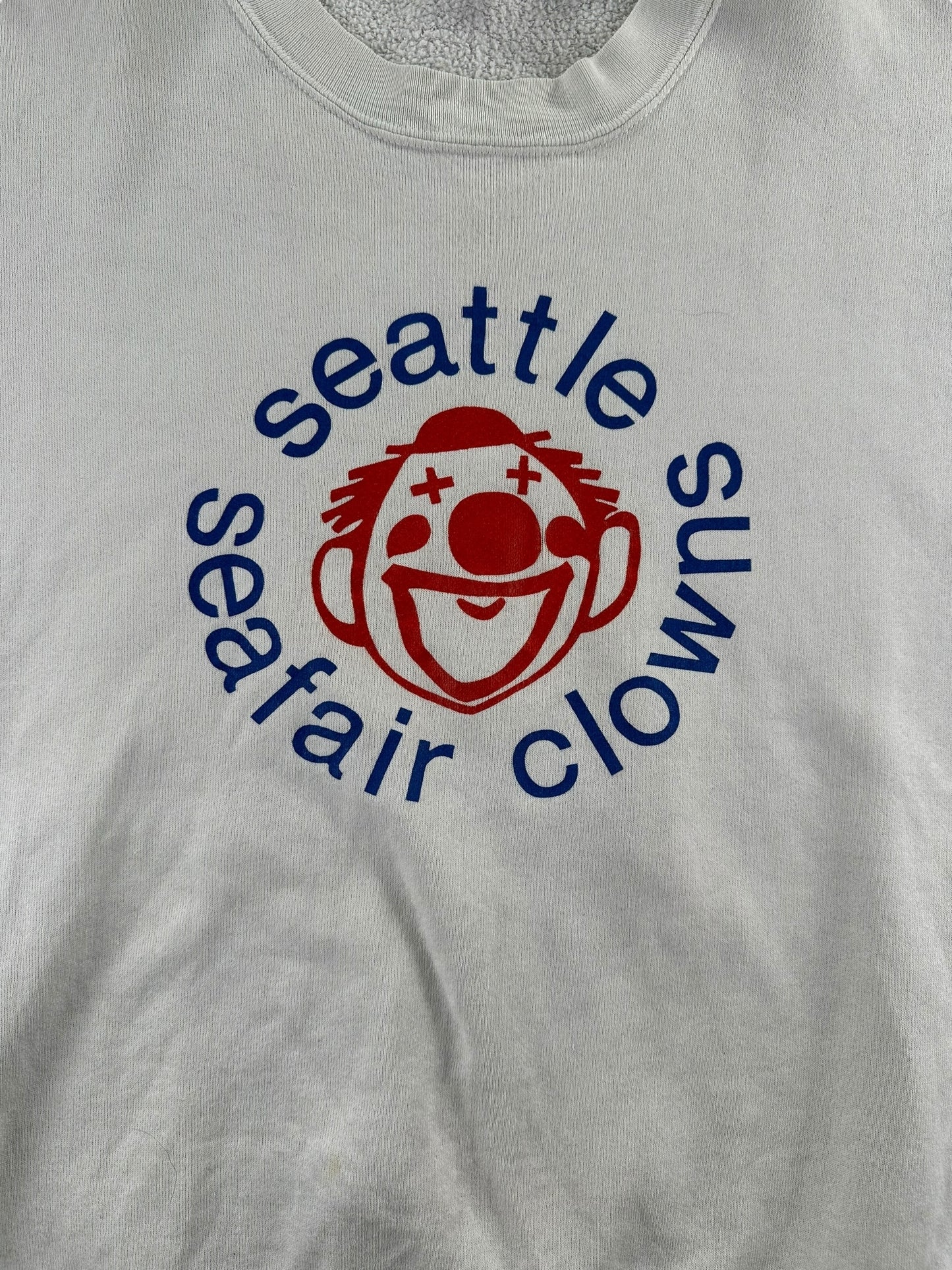 Front Graphic Detail on Vintage Oneita Power Sweats Seafair Clowns Crewneck SZ XXL