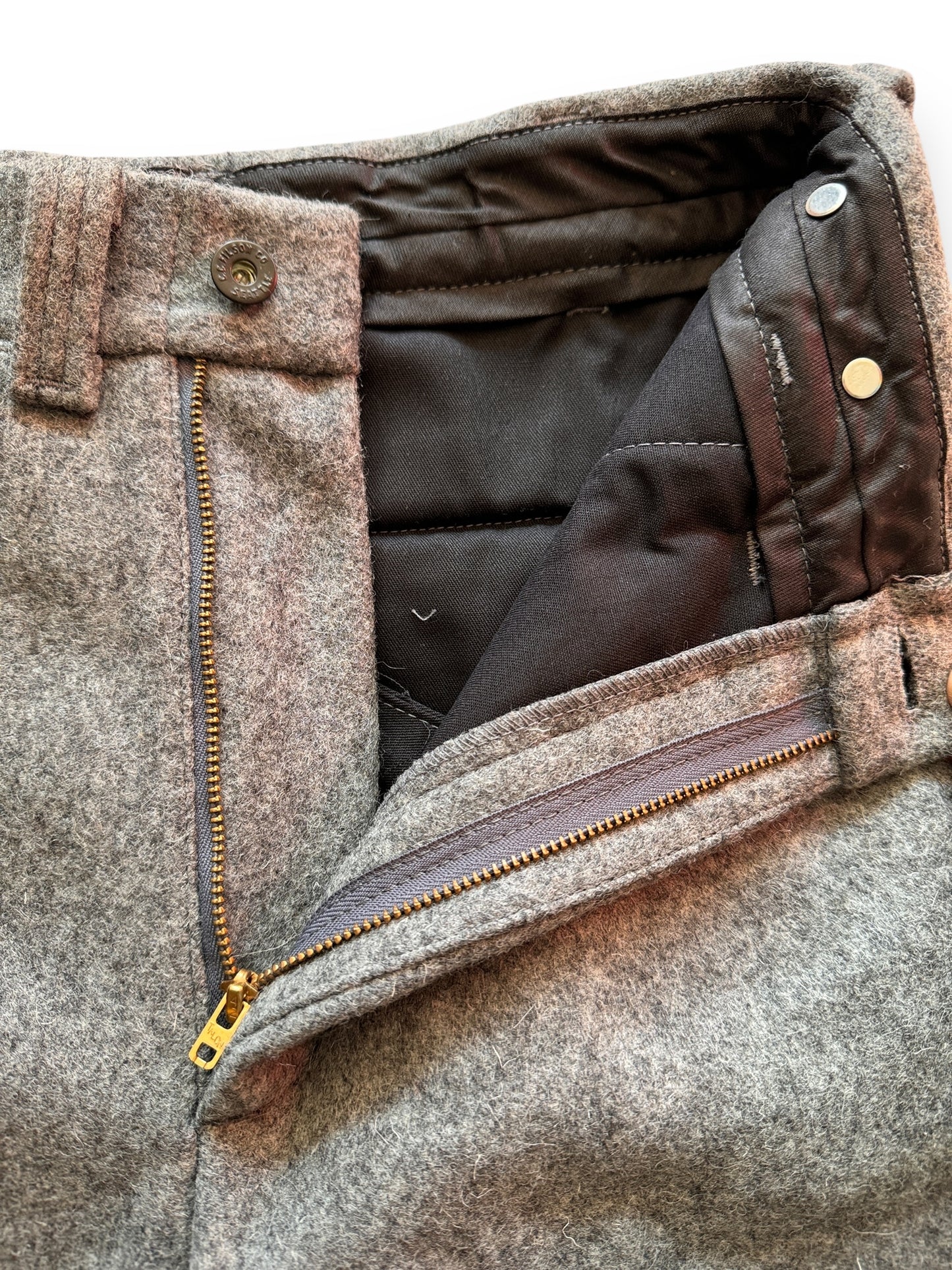 Zipper View of Vintage Filson Heather Grey Wool Trousers W28