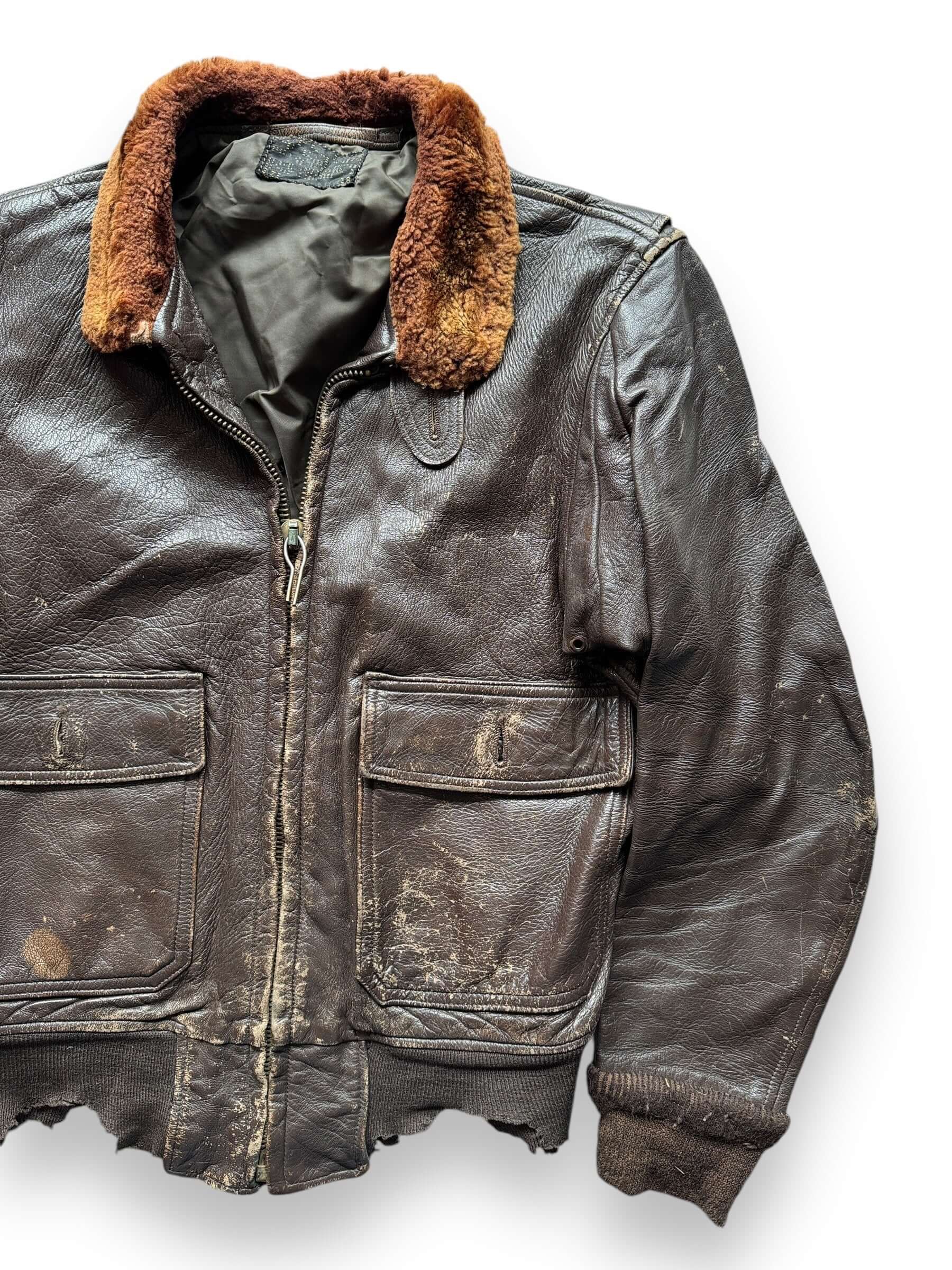 Front Left View of Vintage Thrashed Goatskin G-1 Flight Jacket SZ L