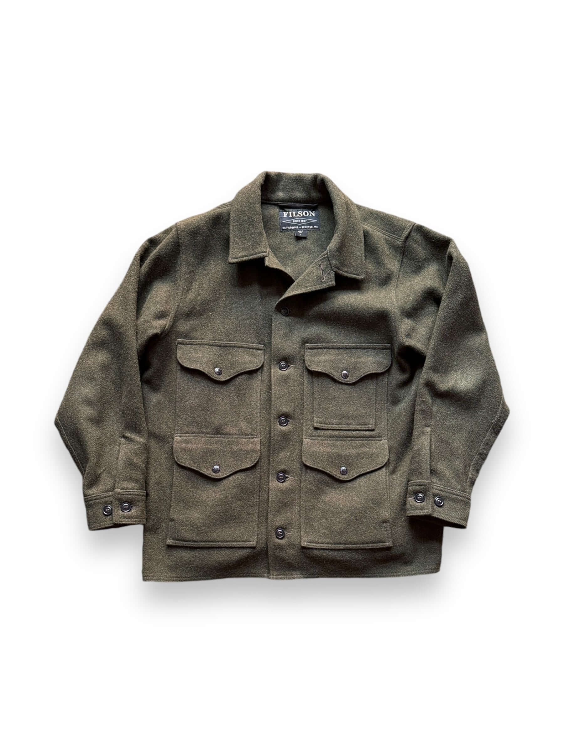 Front View of Filson Forest Green Mackinaw Cruiser SZ L