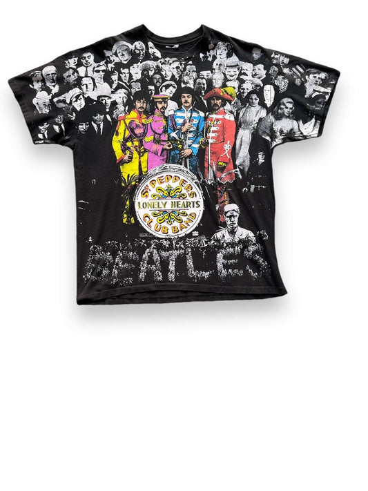 Front View of Vintage Beatles Sgt Peppers Single Stitch All Over Print Tee SZ XL