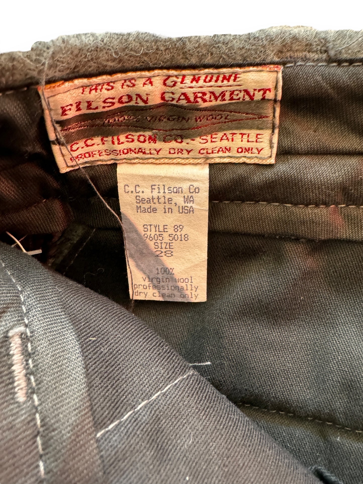 Tag View of Vintage Filson Heather Grey Wool Trousers W28