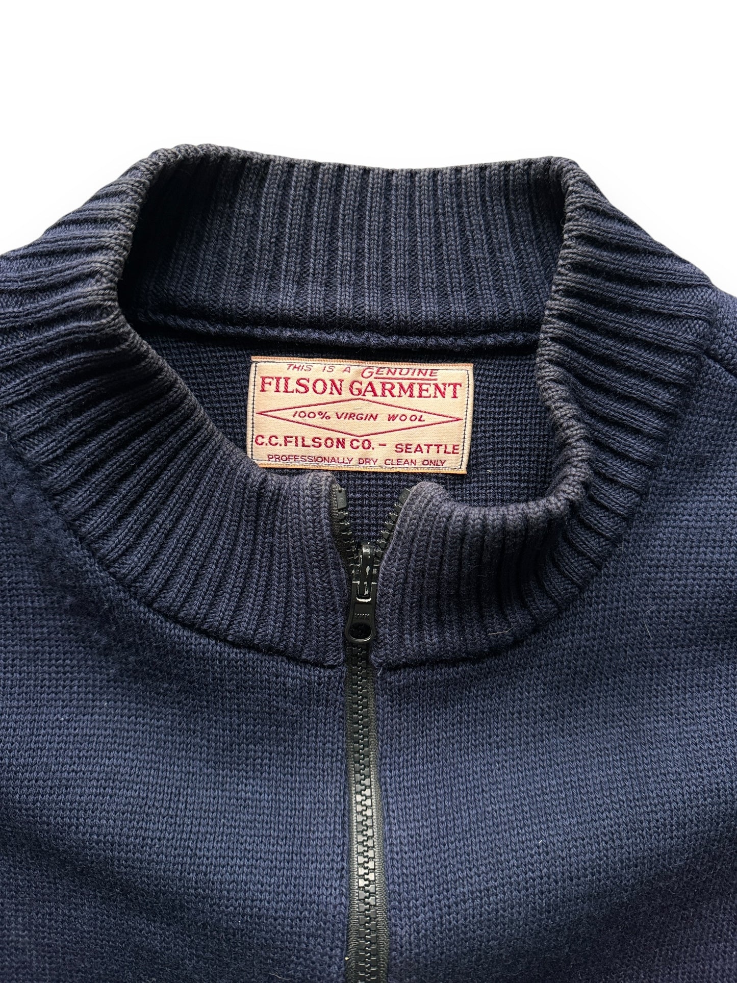 Tag View of Navy Filson Zip Up Wool Guide Sweater SZ XL