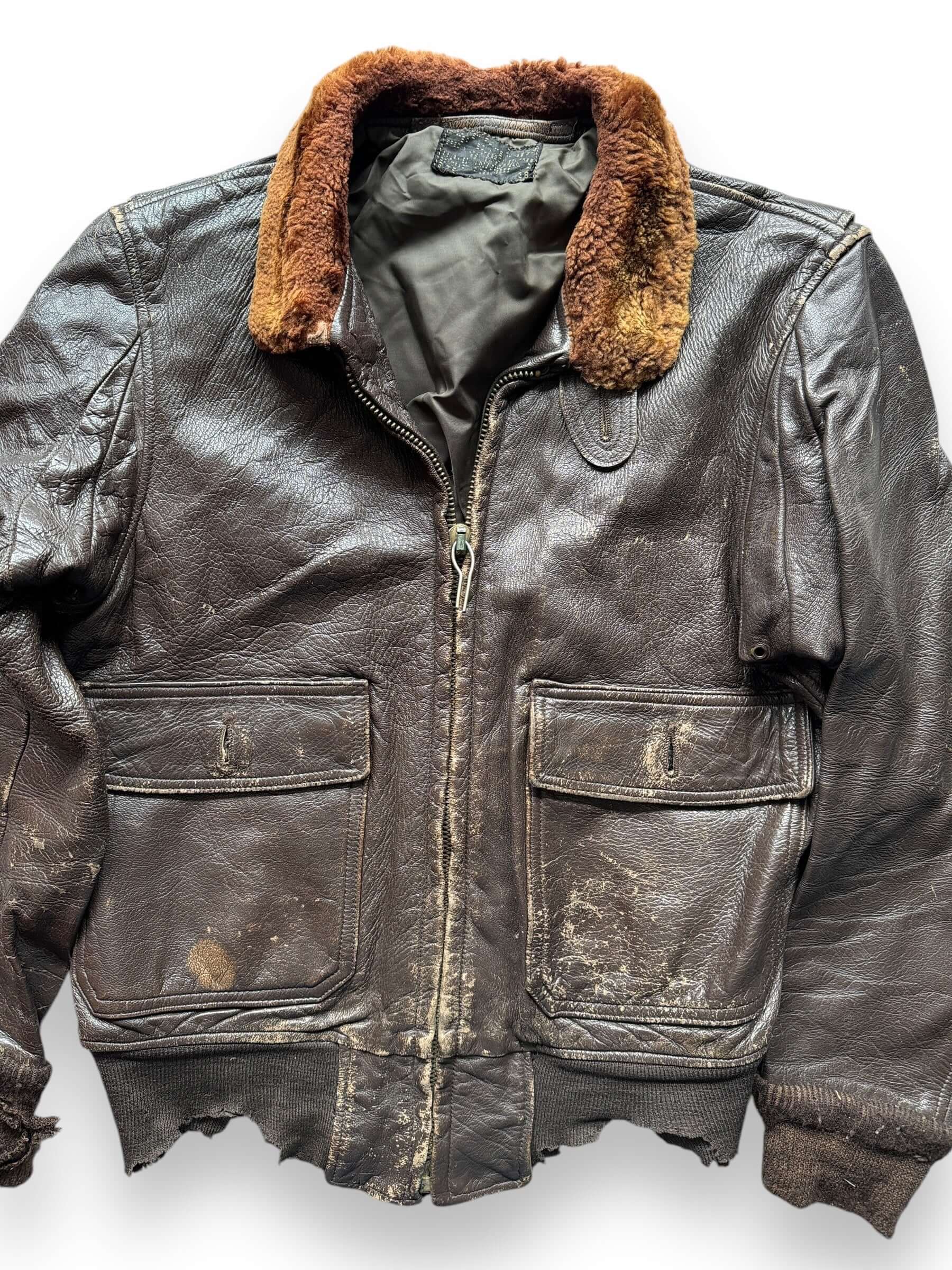 Front Detail of Vintage Thrashed Goatskin G-1 Flight Jacket SZ L