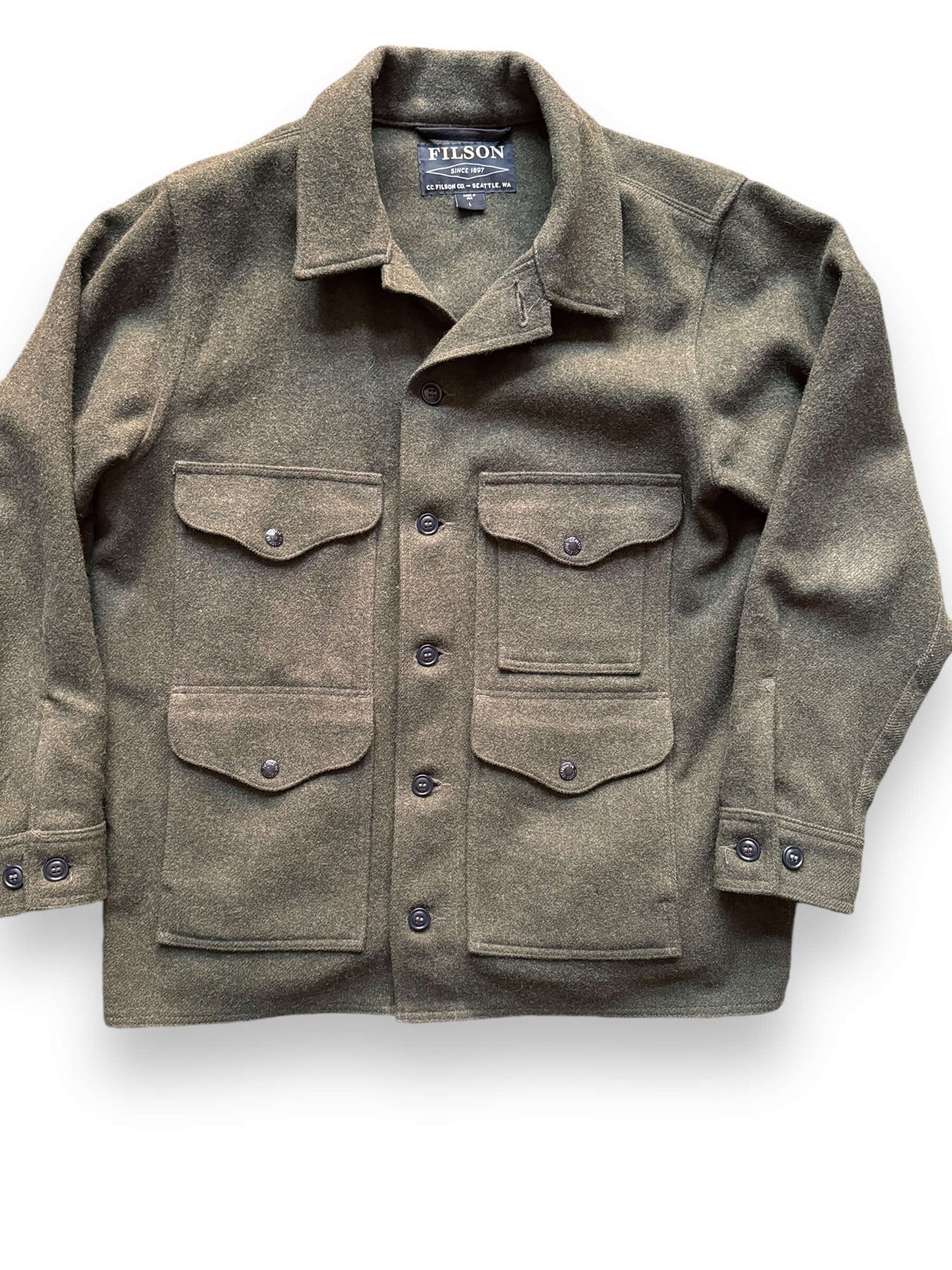 Front Detail on Filson Forest Green Mackinaw Cruiser SZ L