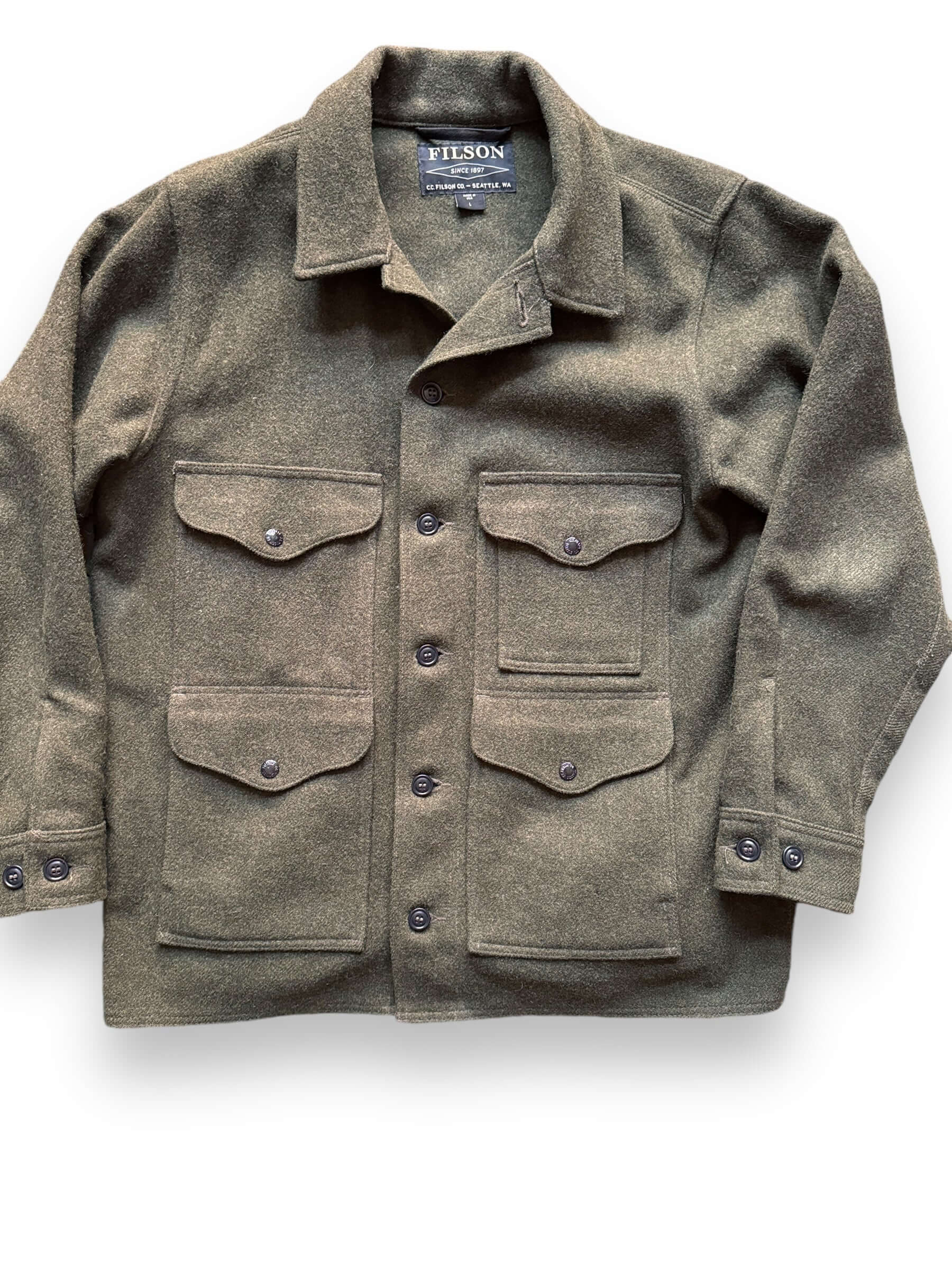 Front Detail on Filson Forest Green Mackinaw Cruiser SZ L