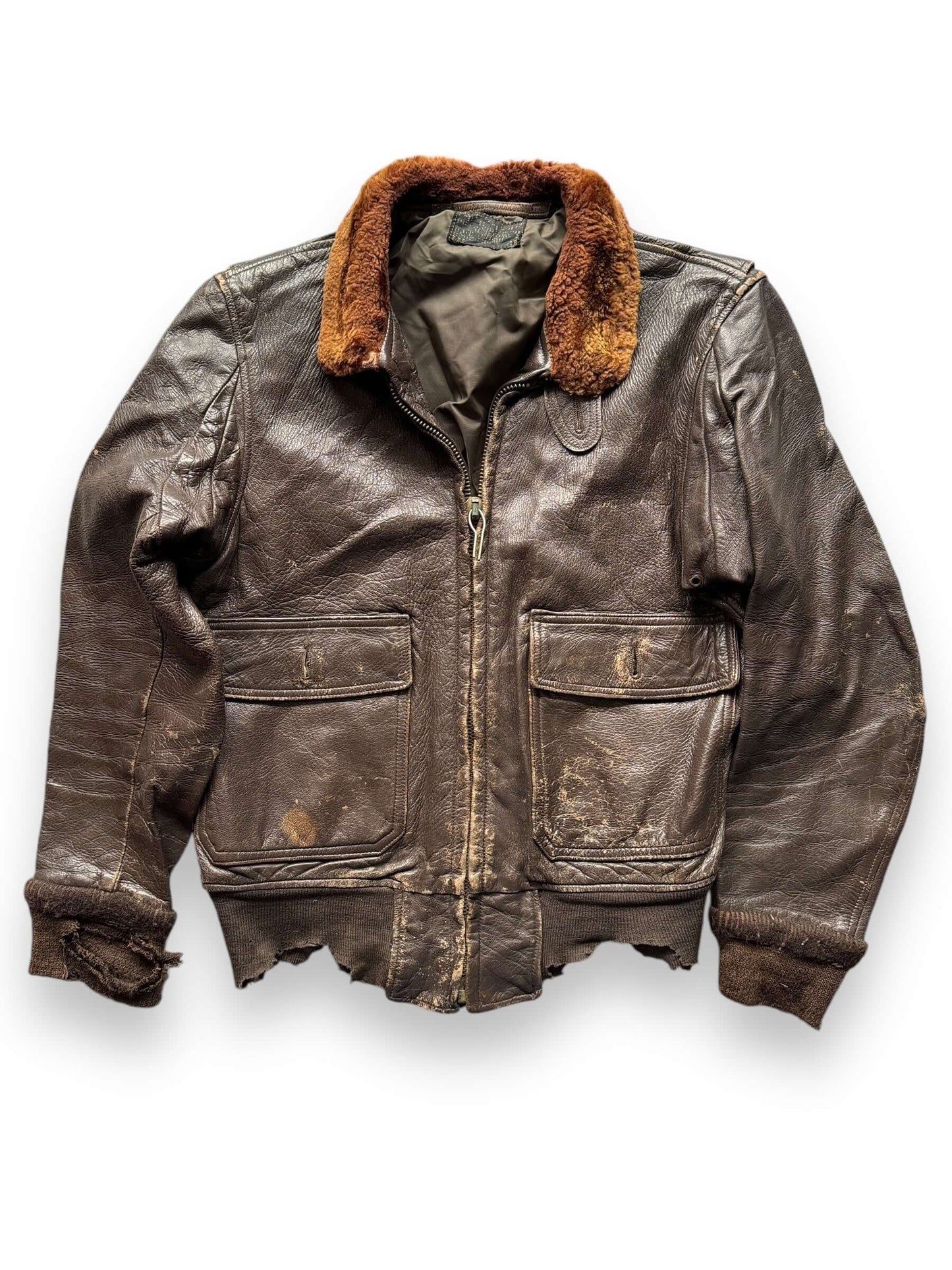 Front View of Vintage Thrashed Goatskin G-1 Flight Jacket SZ L