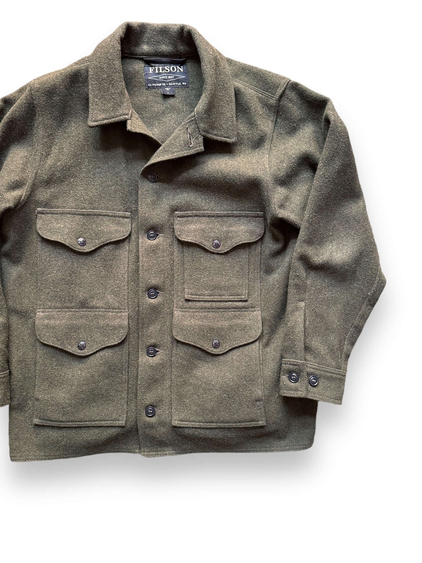 Front Left View of Filson Forest Green Mackinaw Cruiser SZ L