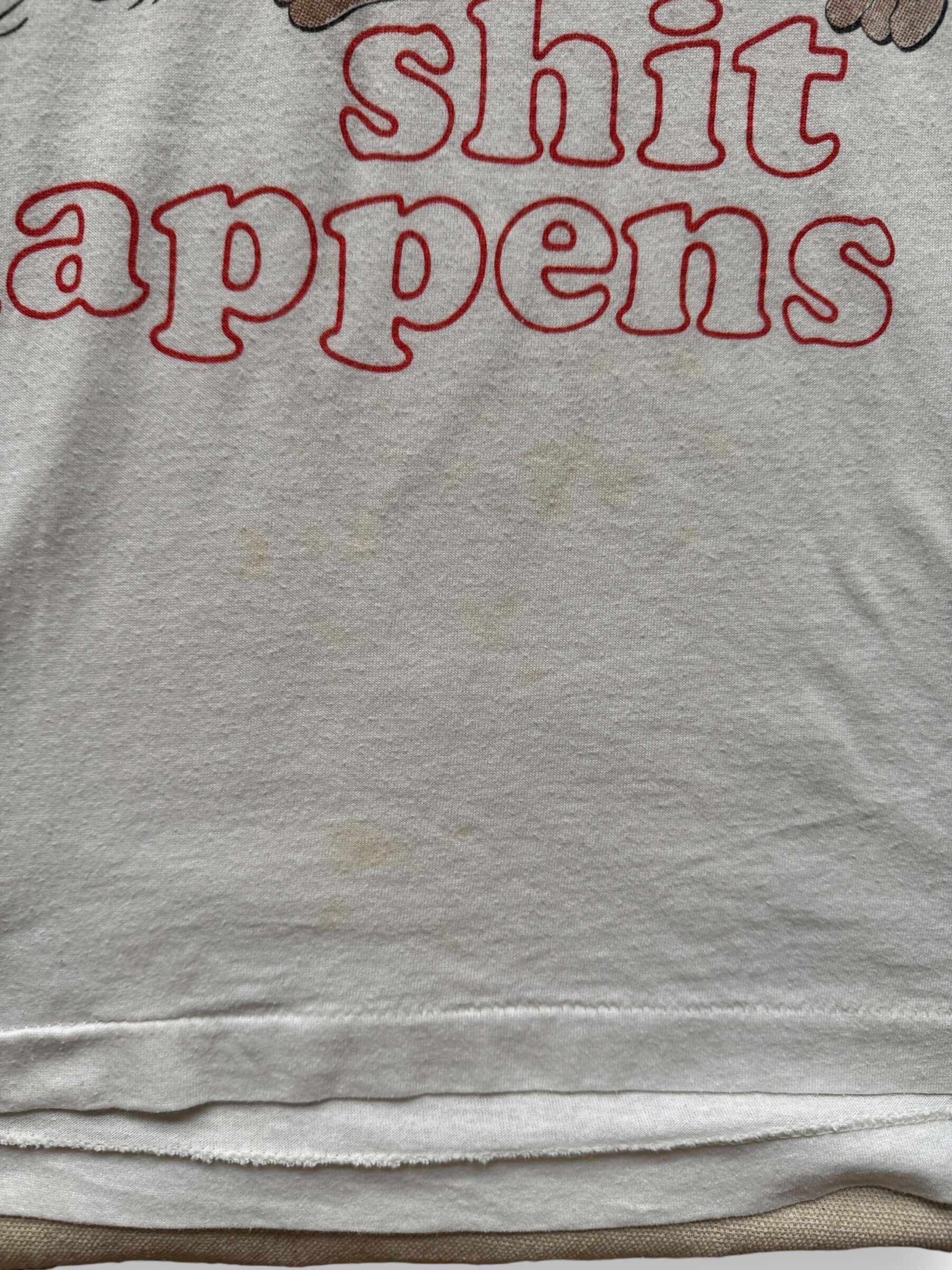 Staining at Base of Vintage Wile Coyote Revenge Shit Happens T-Shirt SZ M