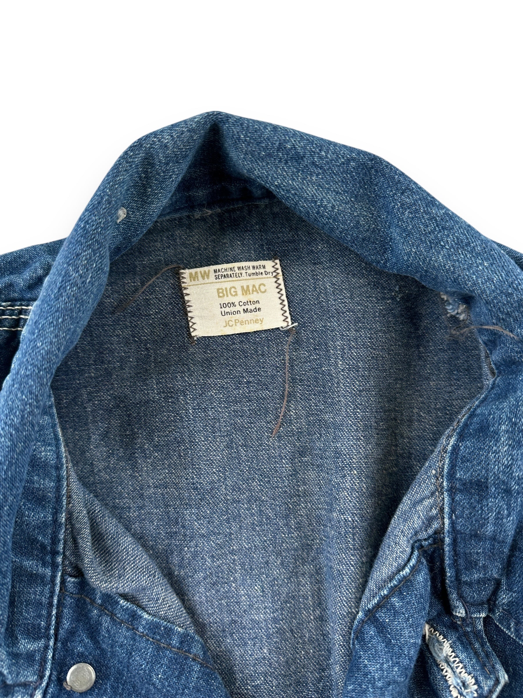 Tag View of Vintage Big Mac Unlined Denim Chore Coat SZ XL