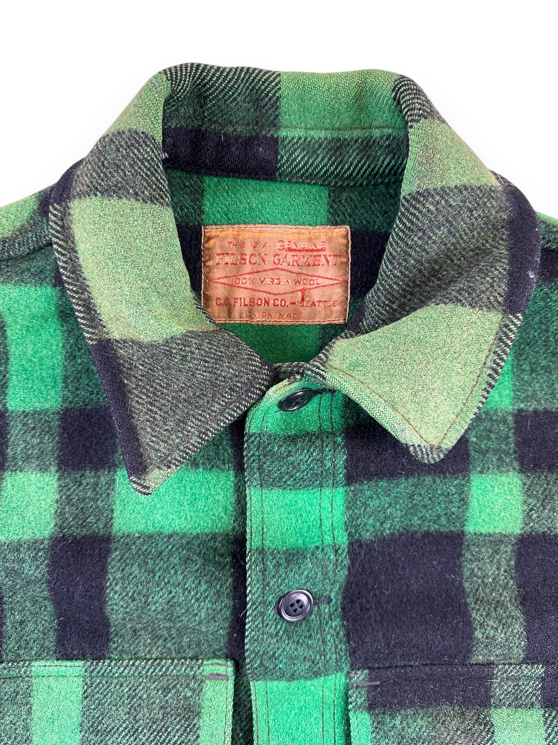 Collar View of Vintage Union Made Filson Green & Black Cruiser SZ XL