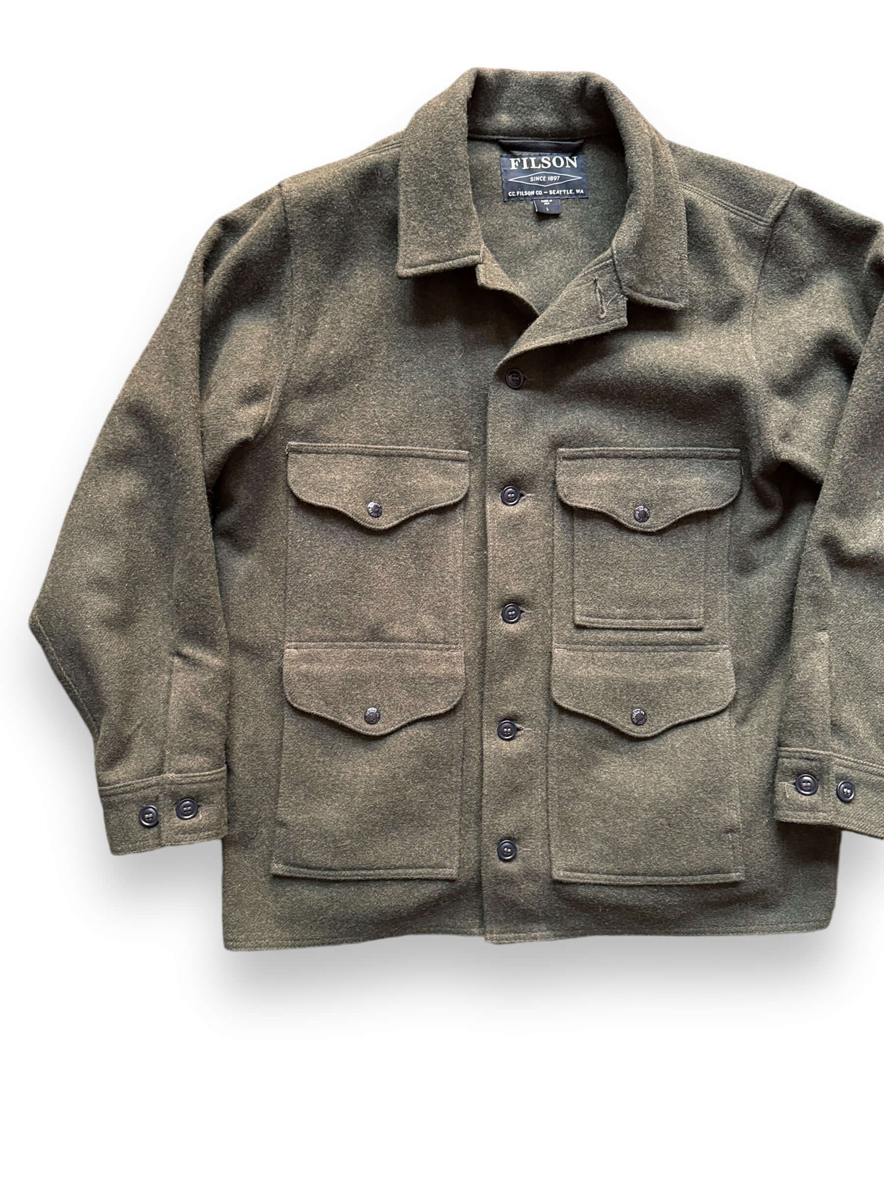 Front Right View of Filson Forest Green Mackinaw Cruiser SZ L