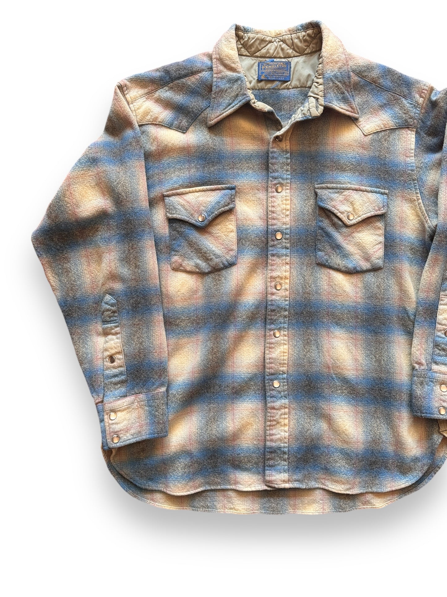 Front Right View of Vintage Pendleton Shadow Plaid Pearl Snap SZ XL