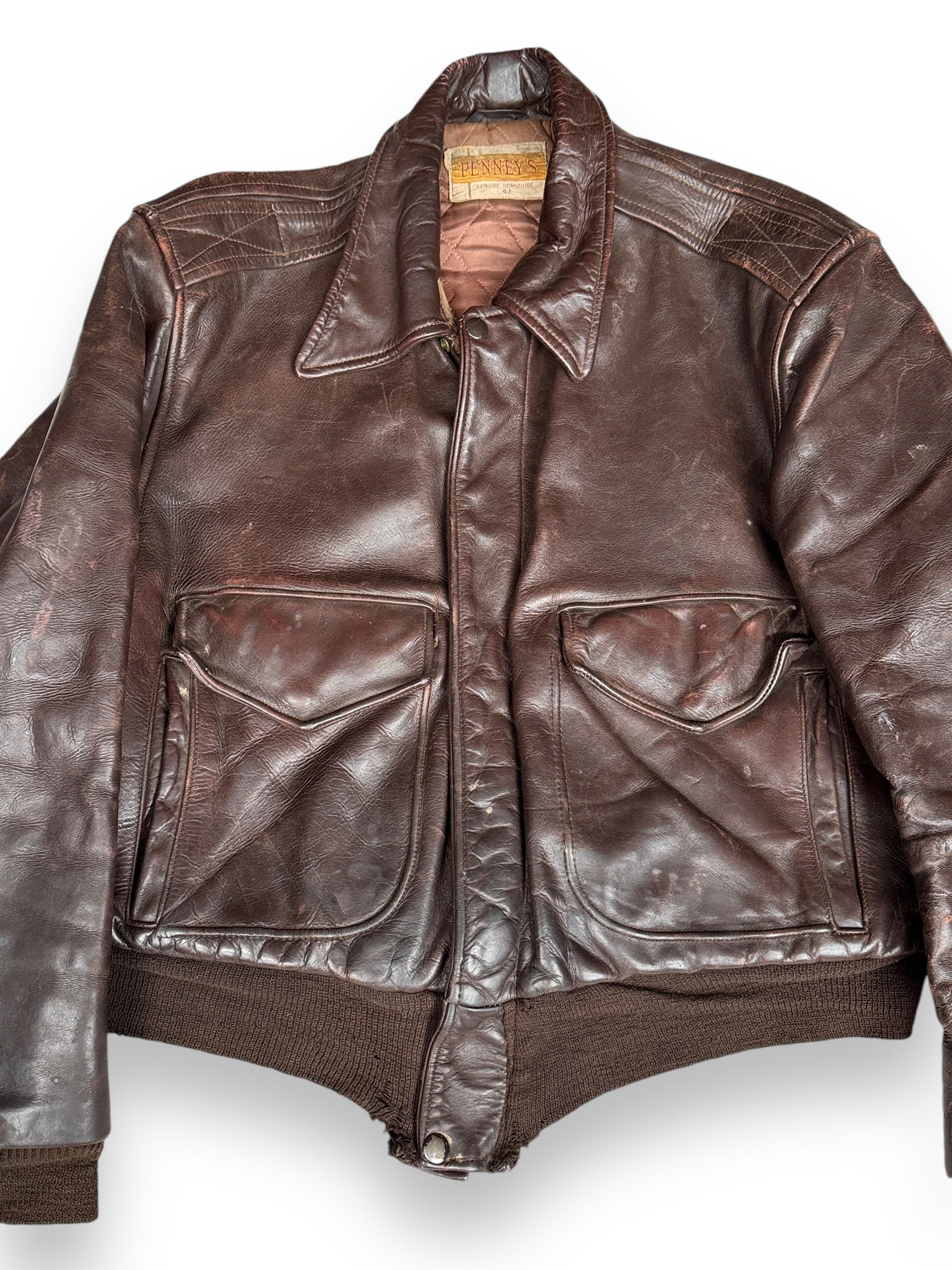 Front Detail of Vintage Penney's Horsehide Jacket SZ 42