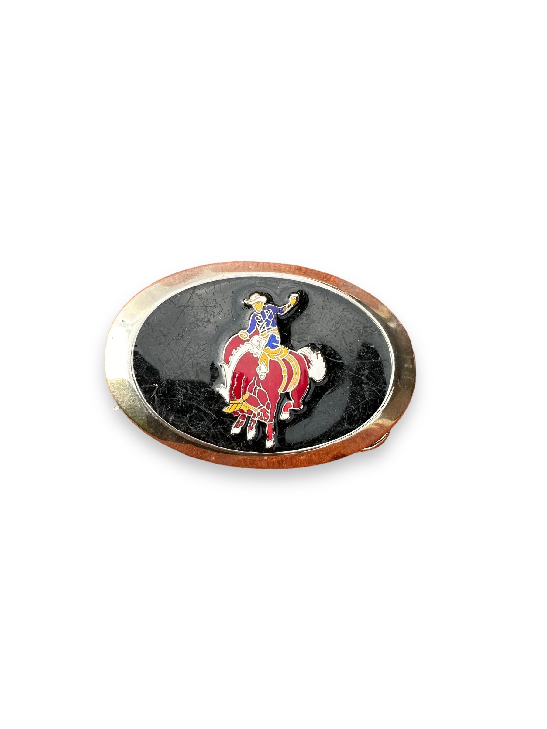 Front View of Vintage Nickel Plated Bucking Bronco Belt Buckle