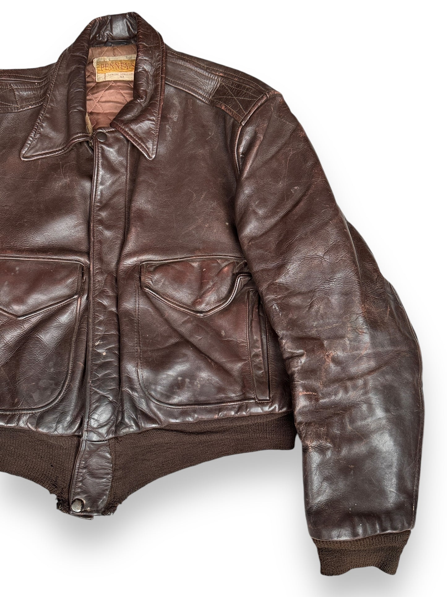 Front Left View of Vintage Penney's Horsehide Jacket SZ 42