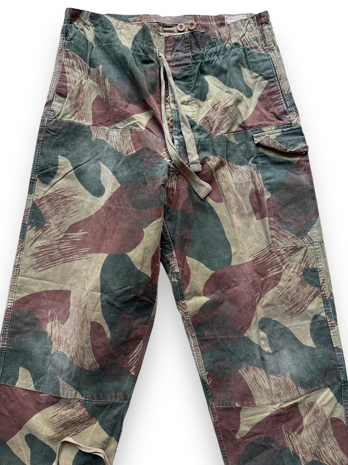 Upper Front View of Vintage Belgian Brushstroke Camo Trousers SZ L