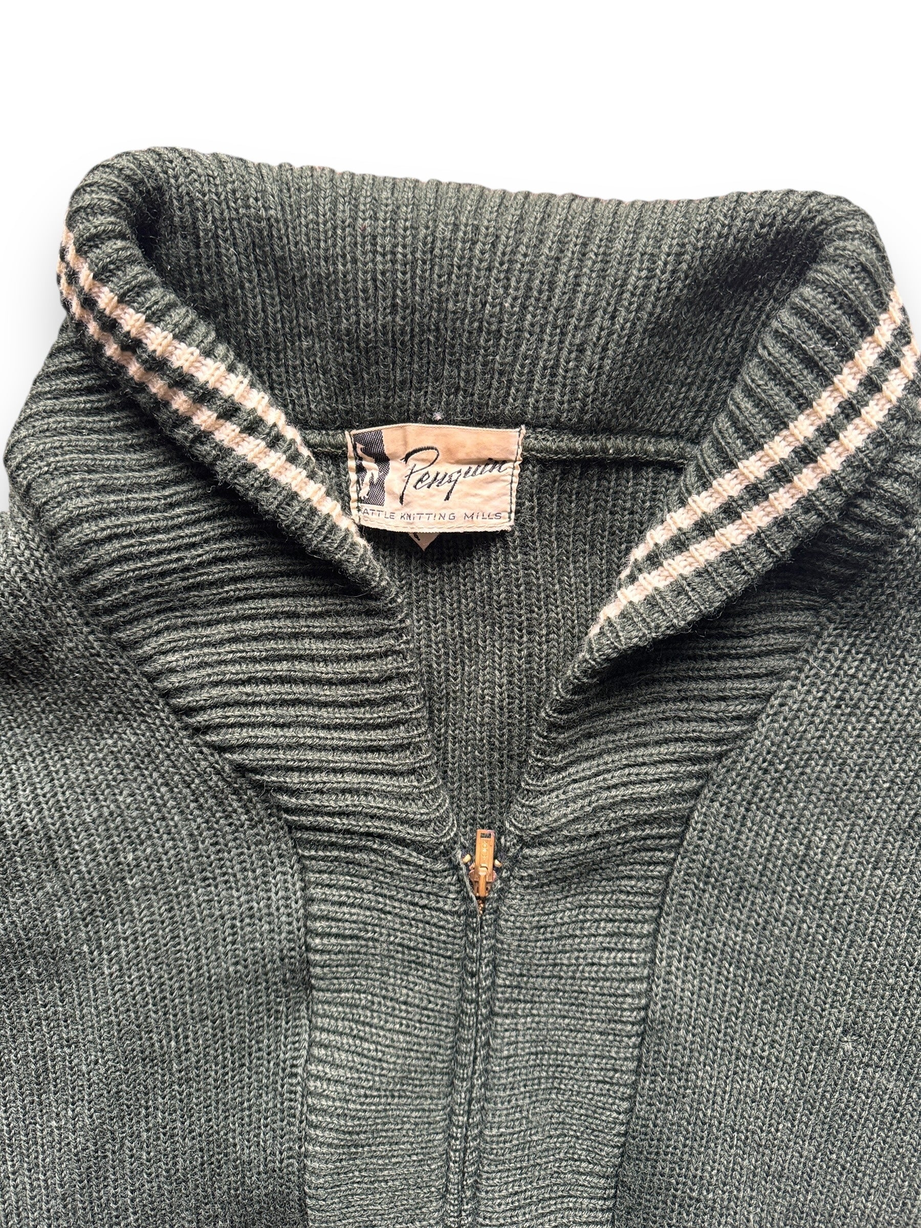 Collar/Tag View of Vintage Seattle Knitting Mills Green Zip Up Sweater SZ L