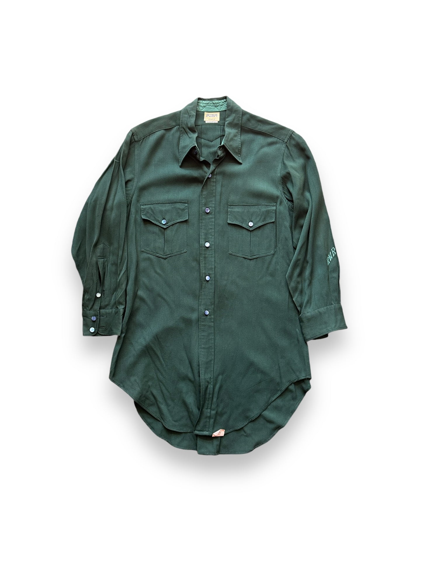 Front View of Vintage Buckley Shirts Green Gabardine Western Shirt SZ M