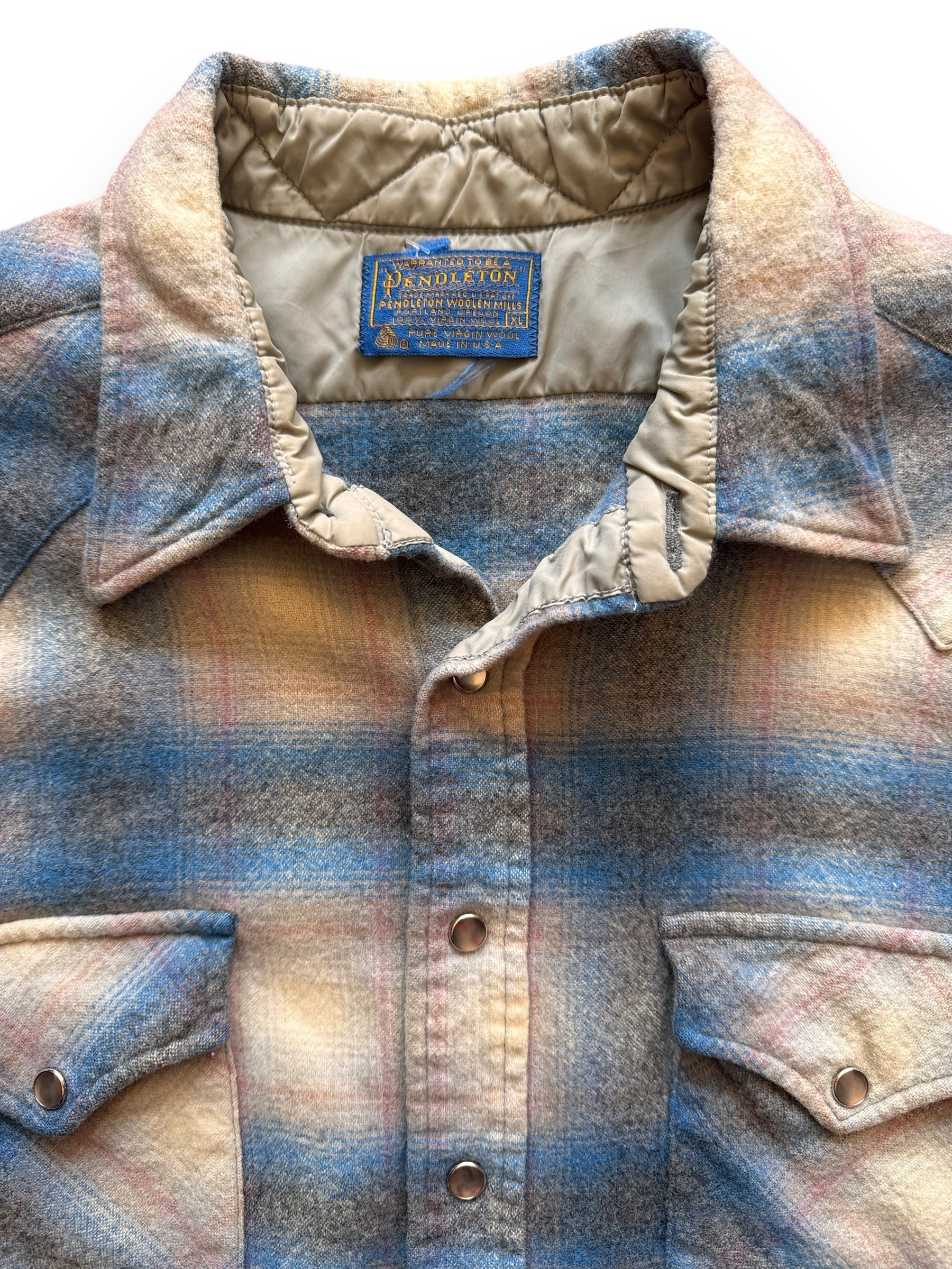 Collar Tag View of Vintage Pendleton Shadow Plaid Pearl Snap SZ XL