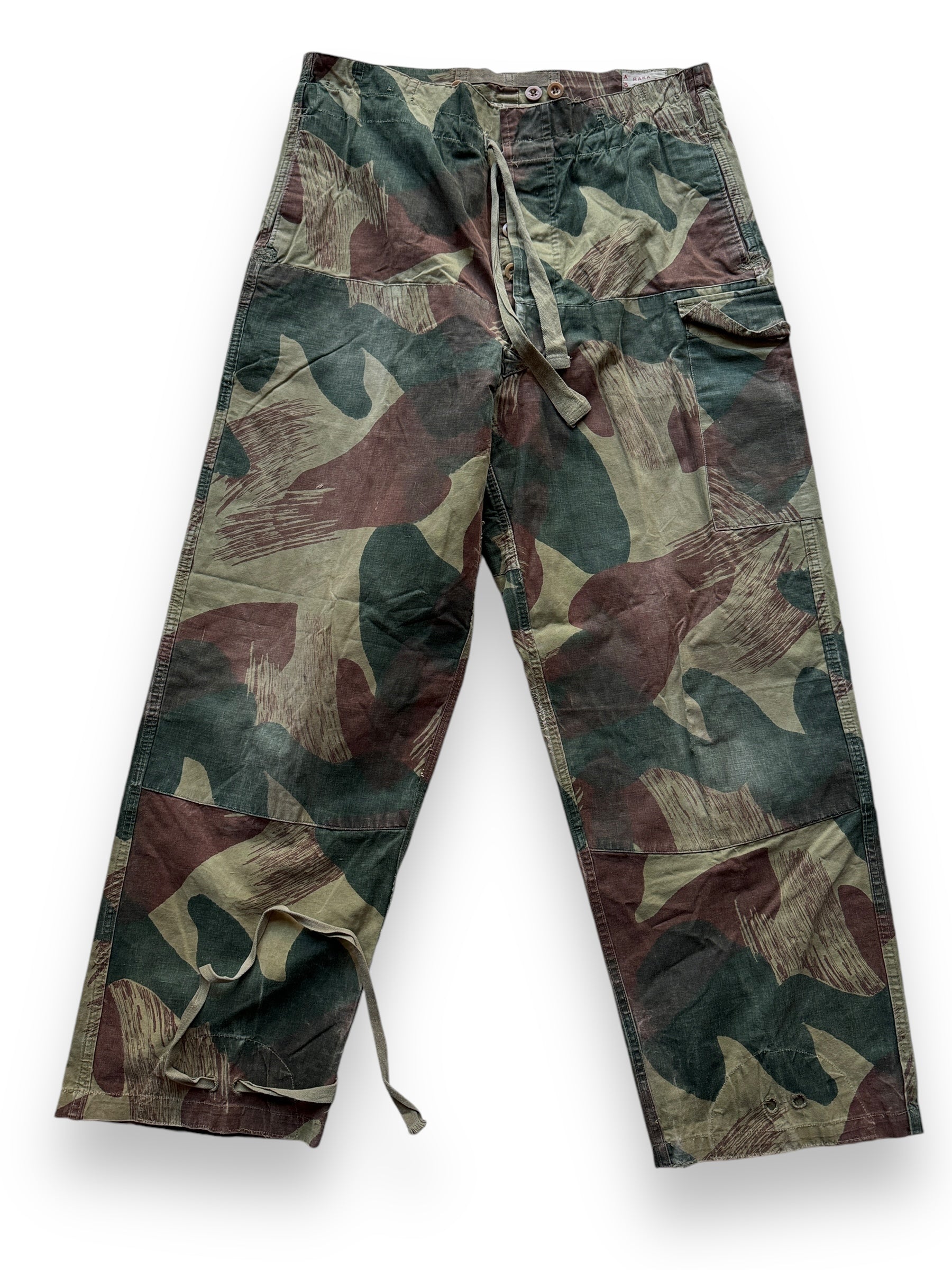 Front Flat View of Vintage Belgian Brushstroke Camo Trousers SZ L