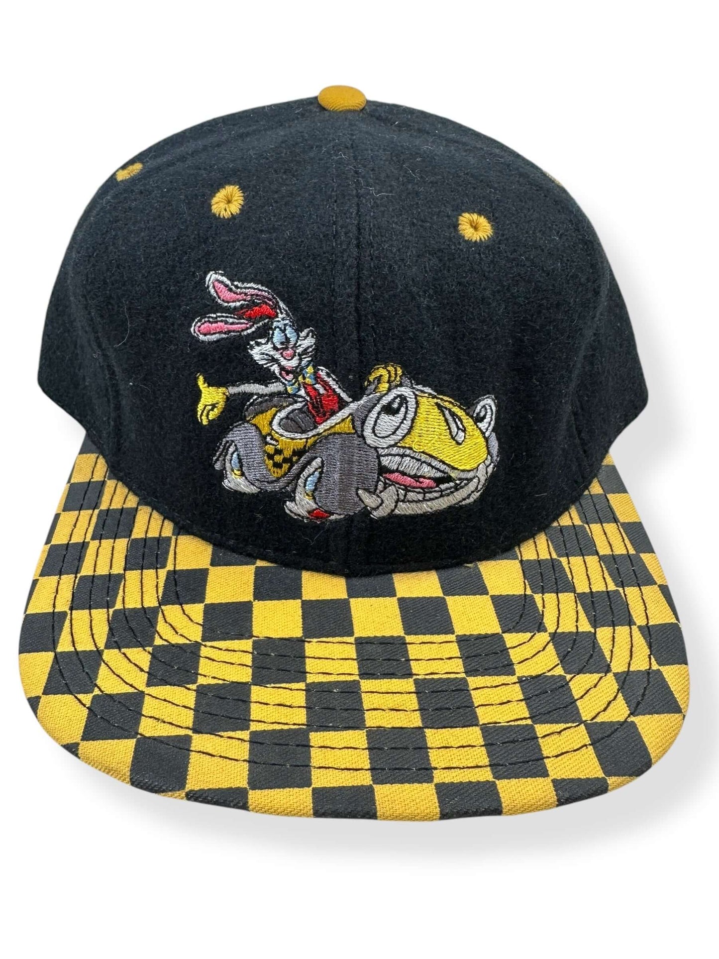 Front Detail of NOS Vintage Roger Rabbit Yellow & Black Bill Snapback Hat