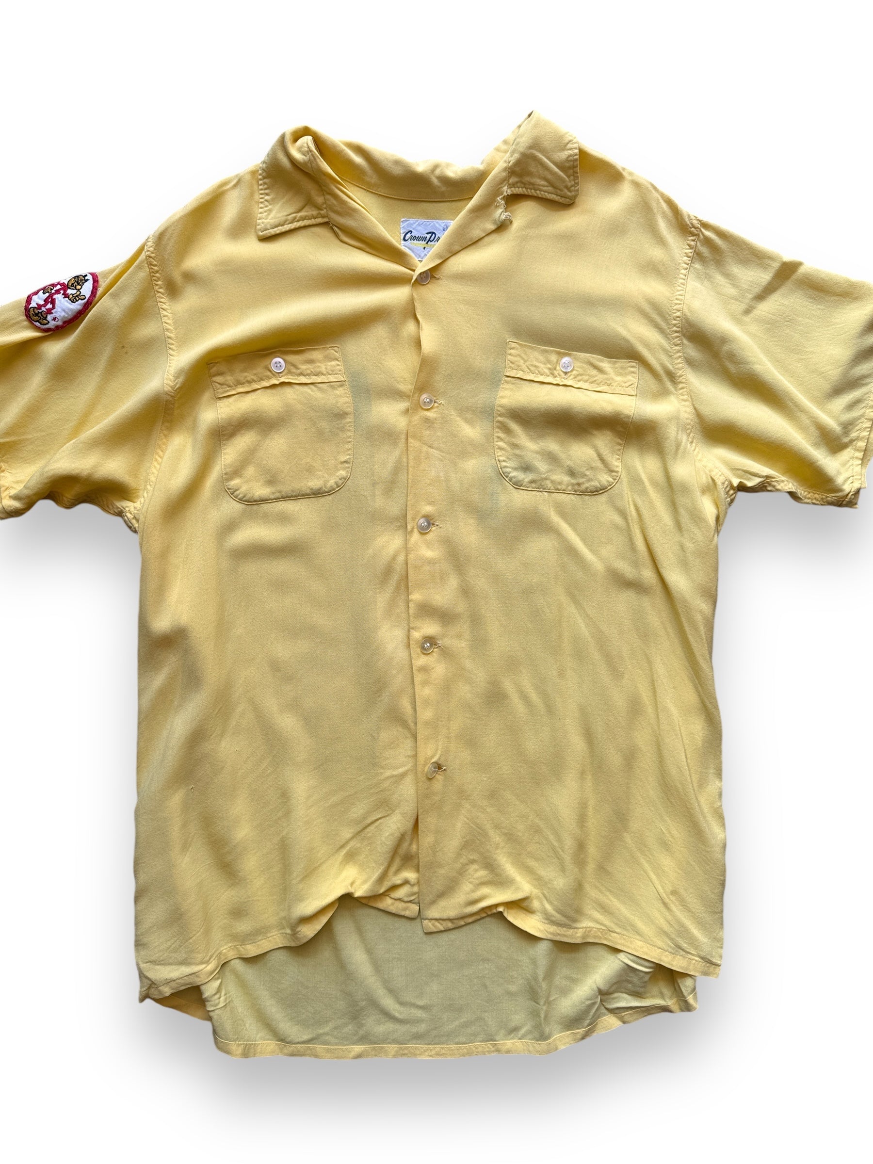 Front Detail on Vintage Yellow Rayon Rainbow Dam Chainstitch Bowling Shirt SZ L