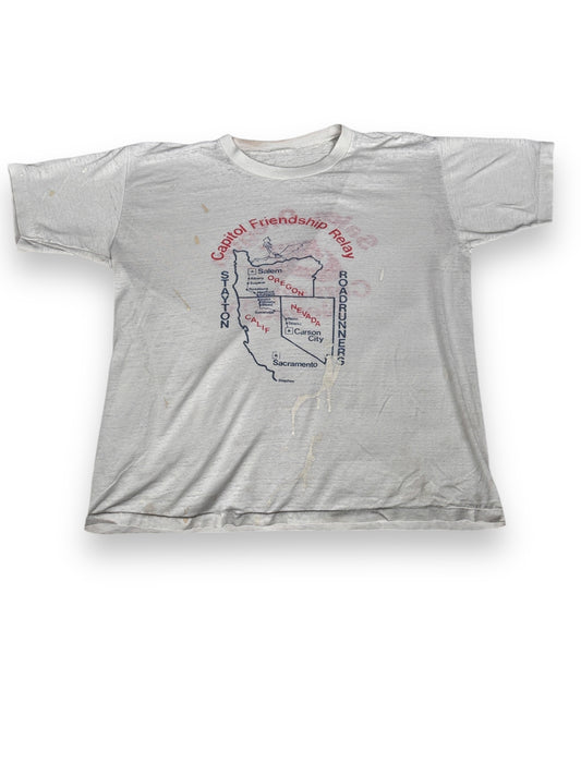 Front View of Vintage Thrashed Capitol Friendship Relay Race Tee SZ L