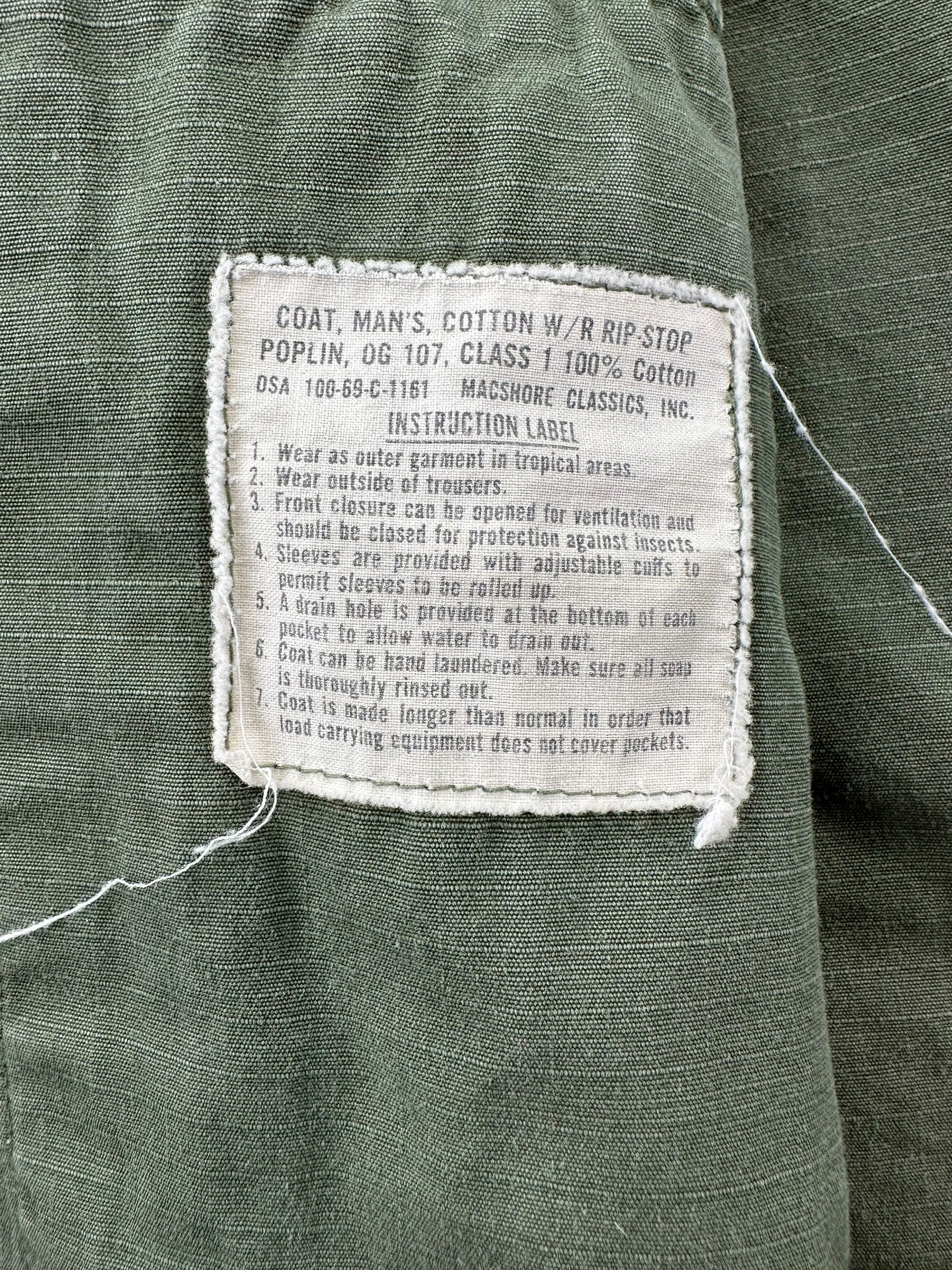 Production Tag on Vintage Viet Nam Era OG Ripstop Poplin Jungle Jacket SZ SM Regular