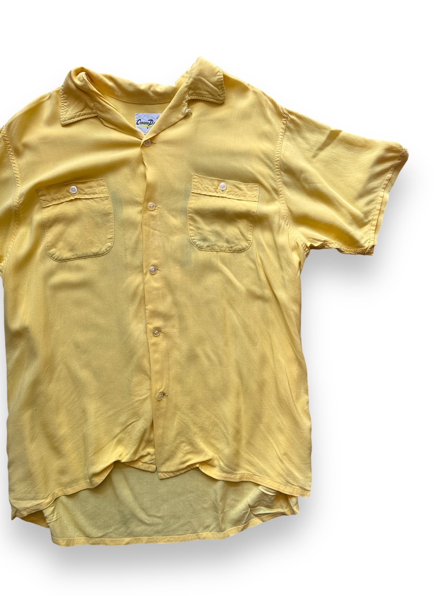 Front Left View of Vintage Yellow Rayon Rainbow Dam Chainstitch Bowling Shirt SZ L