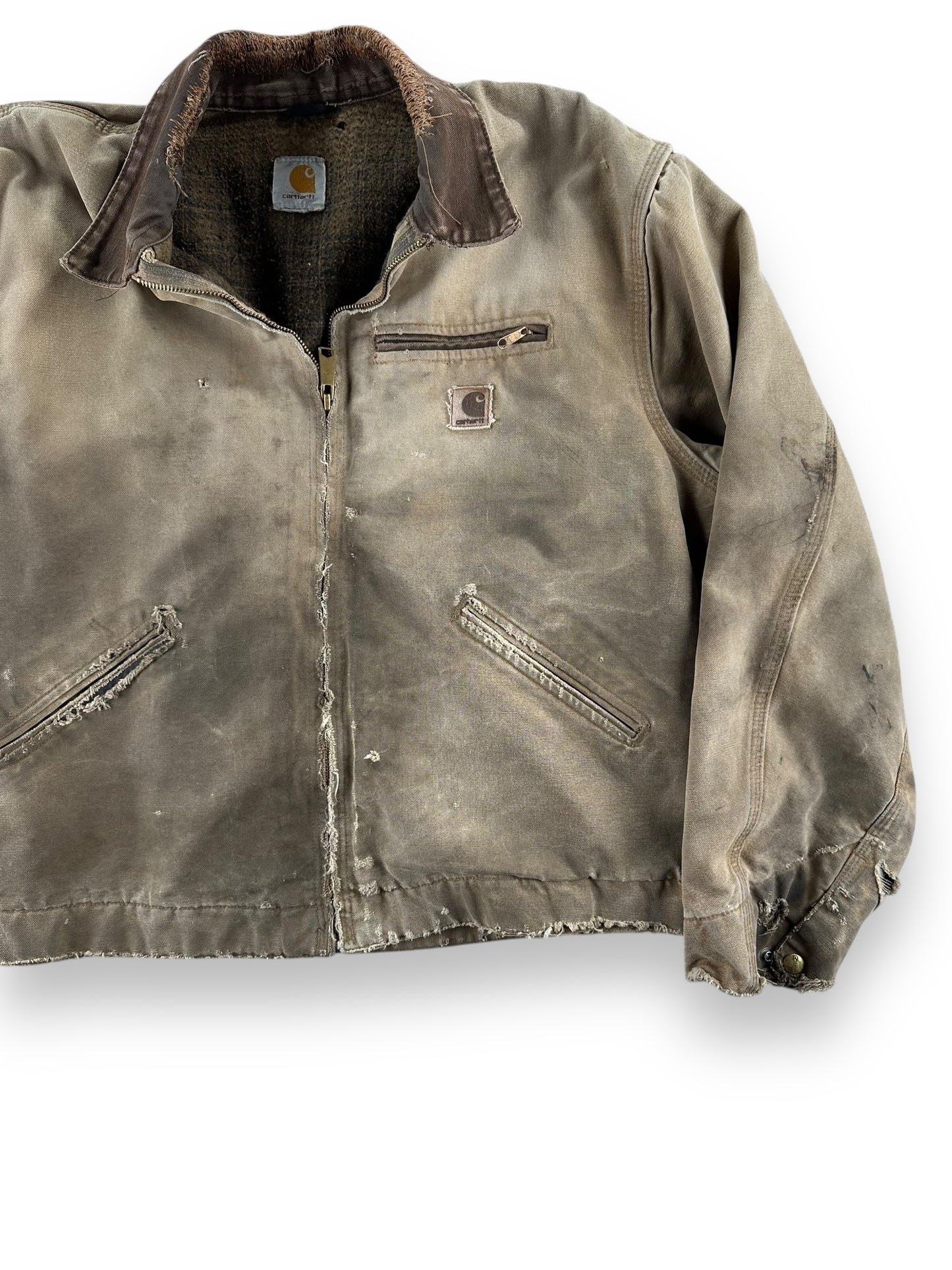 Front Left View of Distressed Repaired Carhartt Detroit Jacket SZ XL